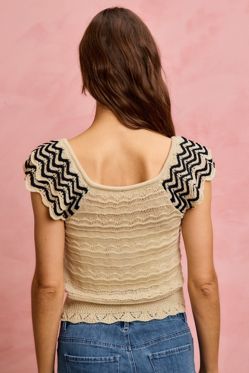 Wavy Textured Knit Top With Fluttered Sleeves