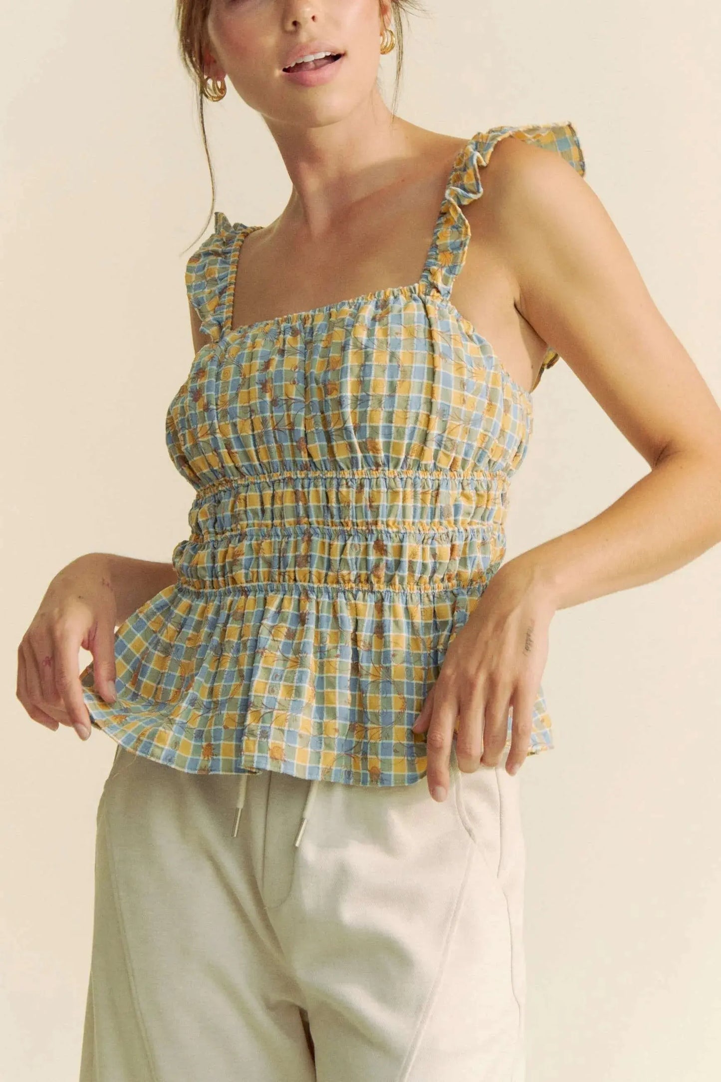 Women's Tank Top Tank Top - Plaid Smocked Ruffle Strap - Cute