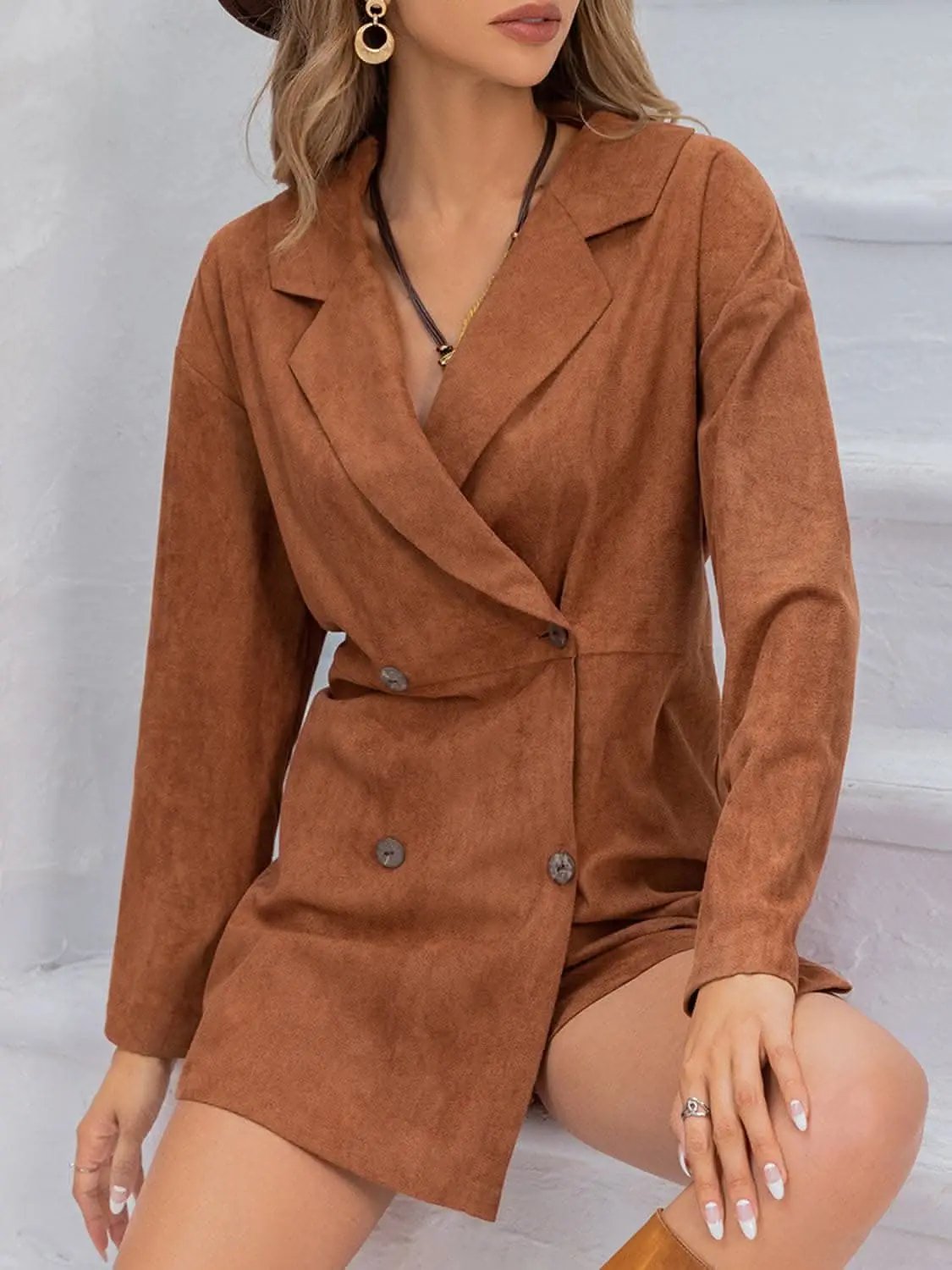 Lapel Collar Long Sleeve Romper | Trendsi Caramel