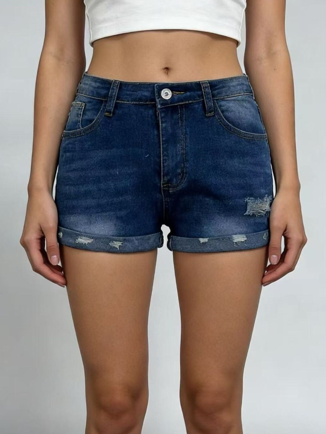 Distressed Denim Roll Up Shorts