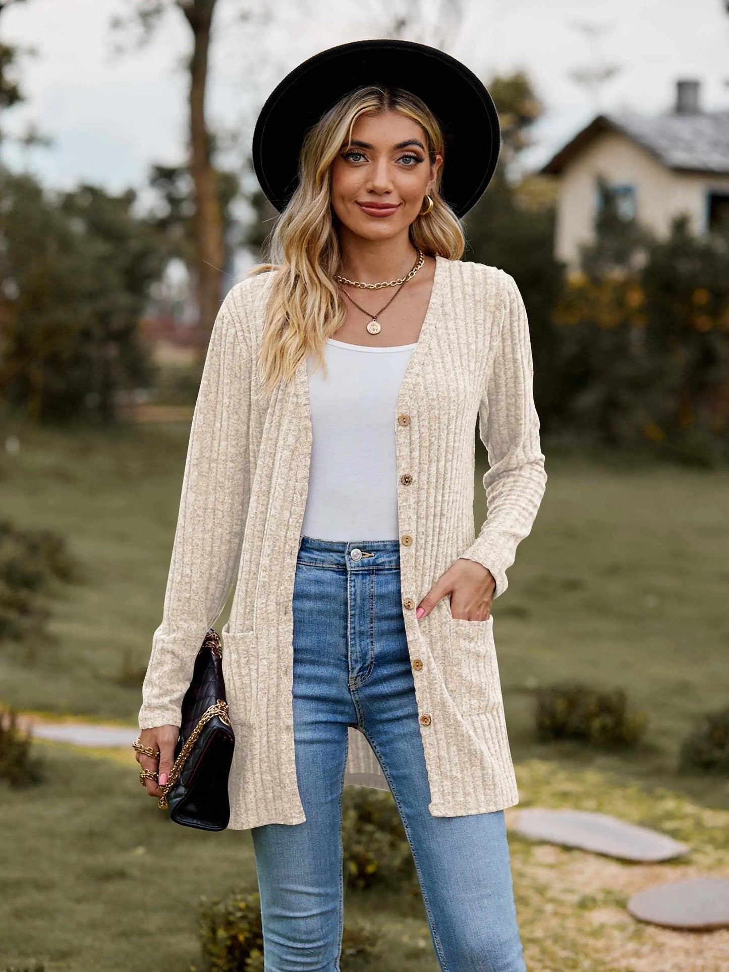 Sweaters Trendsi Heathered ribbed cardigan with pockets