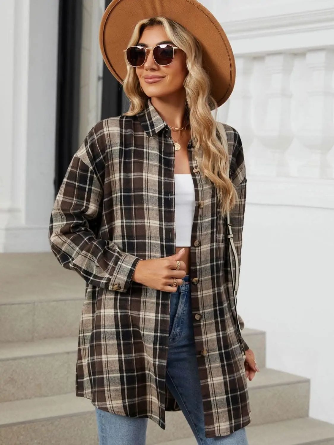 Trendsi Plaid Collared Shirt Long Sleeve — Casual Dusty Pink