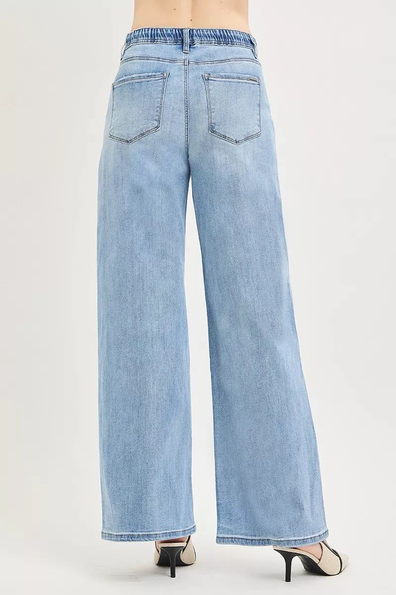 RISEN Elastic Band Slouchy Wide Leg Jeans with Drawstring