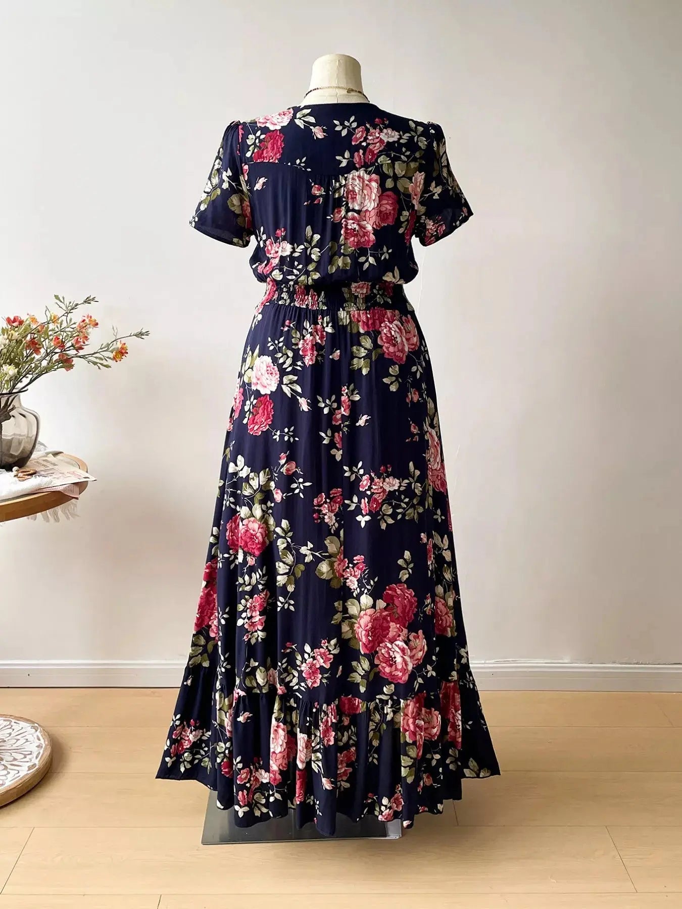 Plus Size Floral Print Short Sleeve V Neck Dress