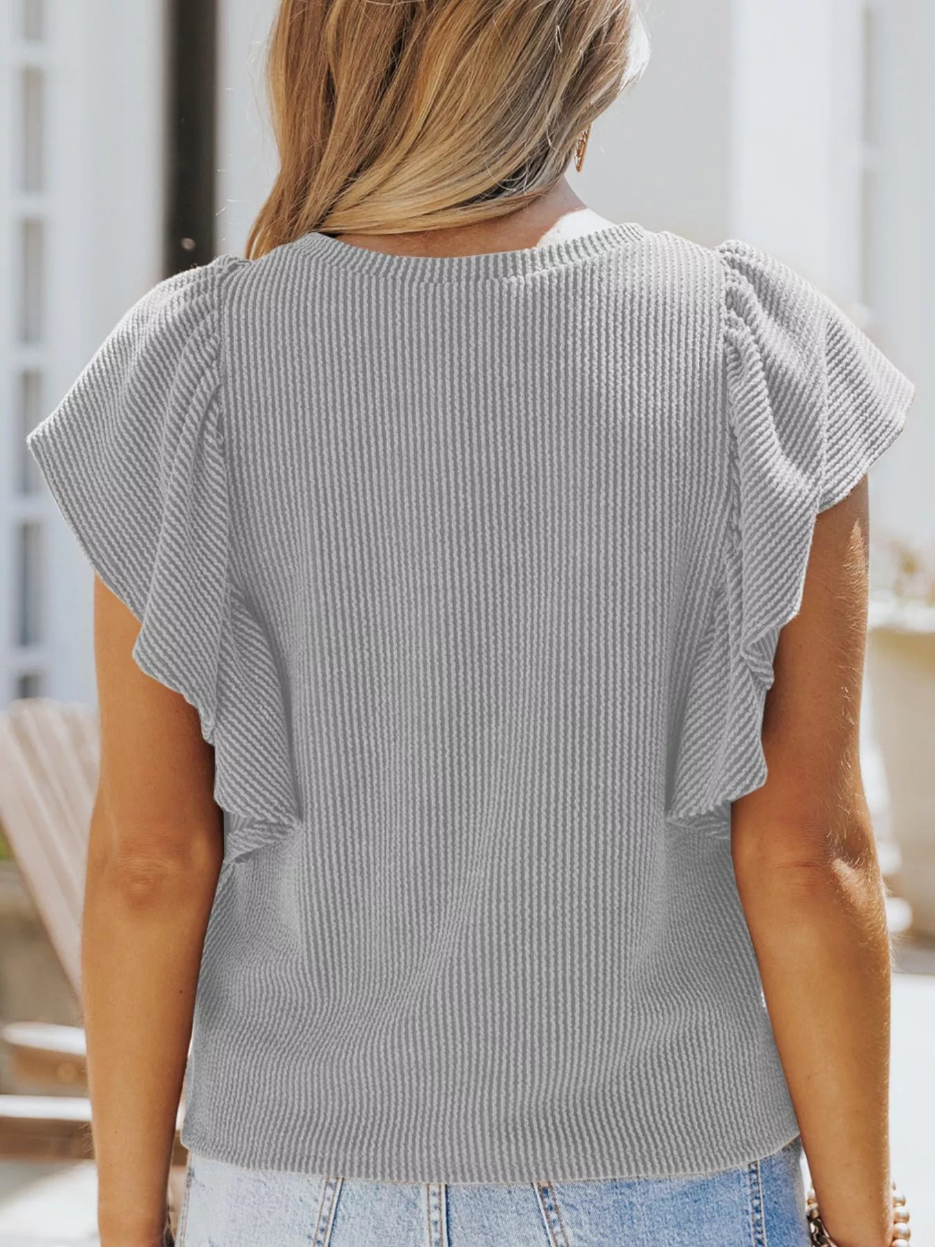 Full Size Ruffled Sleeve Ribbed Knit T Shirt