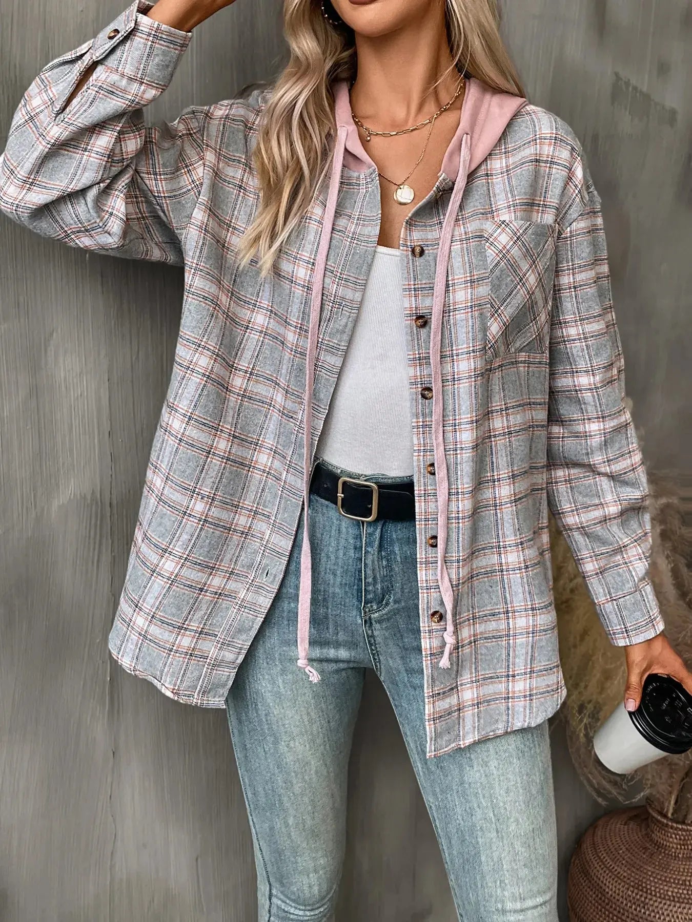 Plaid Button-Up Oversized Hooded Shirt with Chest Pocket