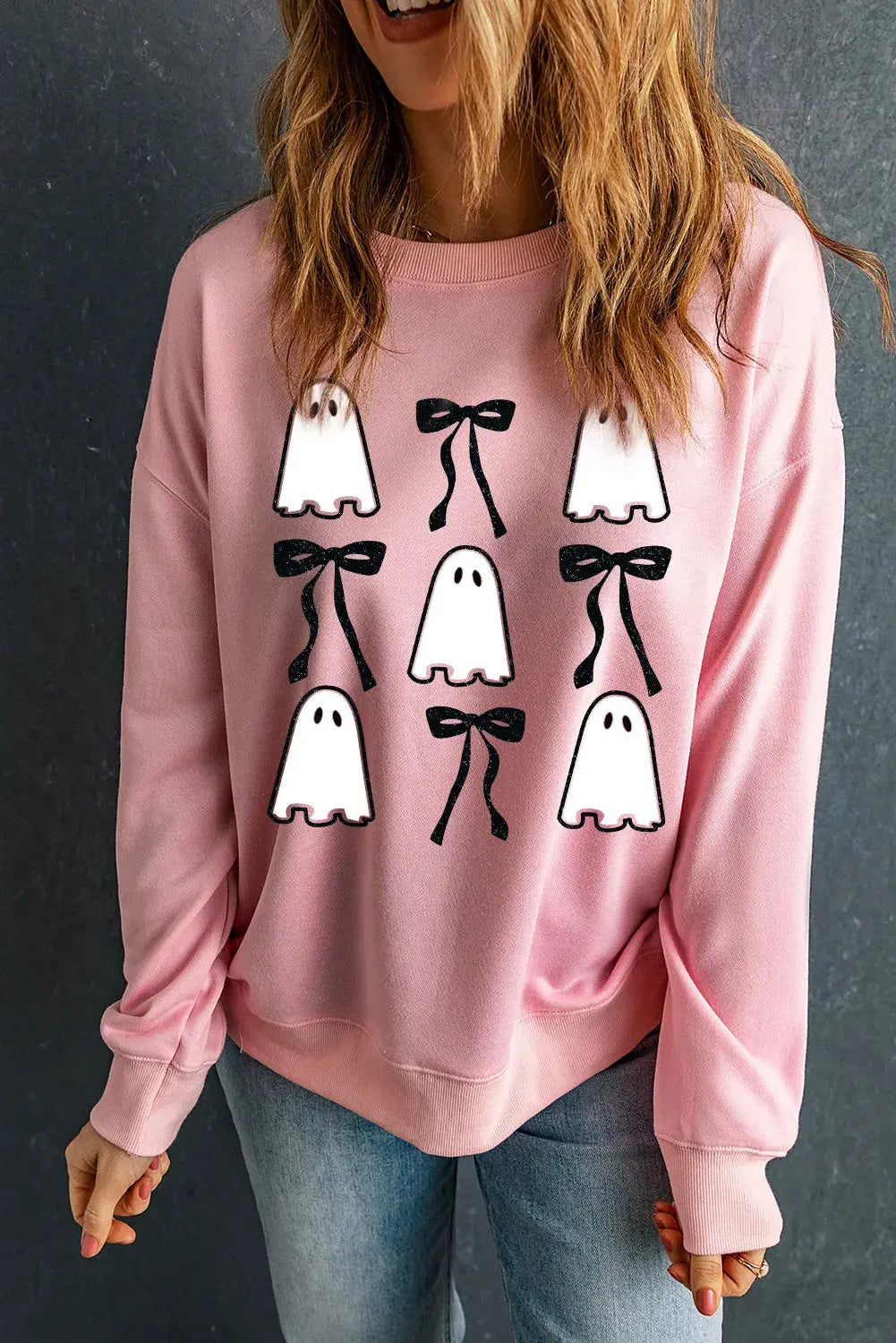 Ghost & Bow Round Neck Halloween Long Sleeve Womens Sweatshirt