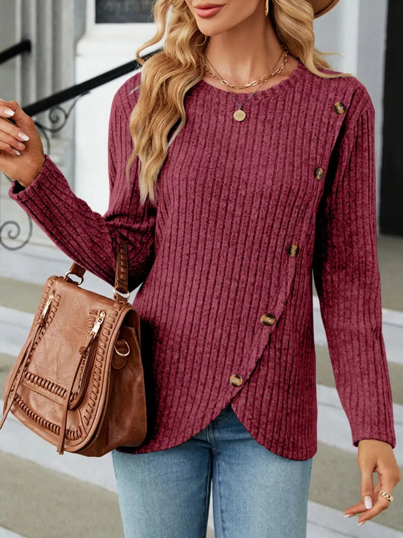 Decorative Button Ribbed Knit T Shirt