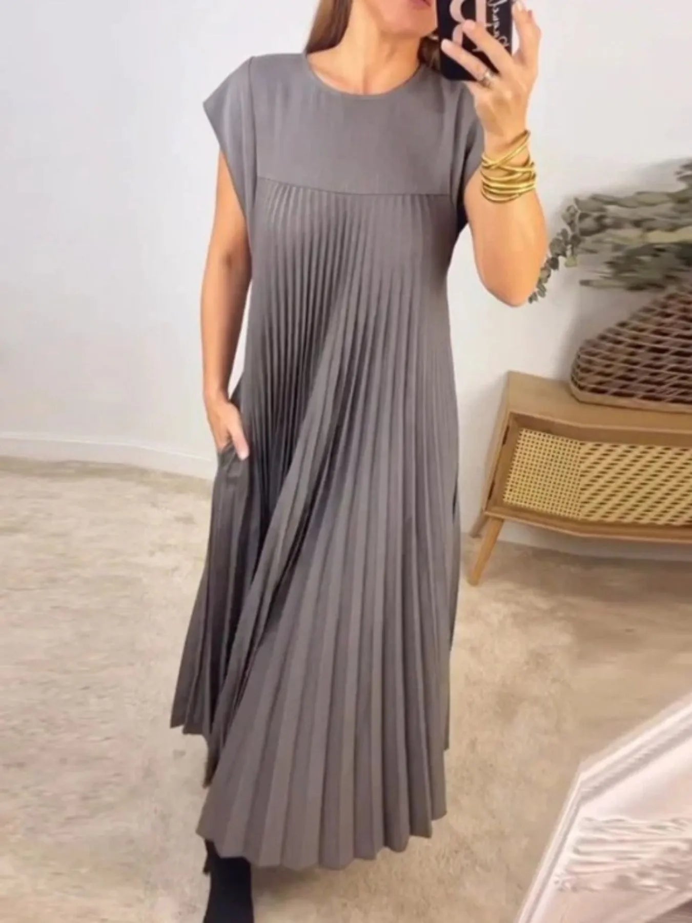 Pleated Round Neck Maxi Dress