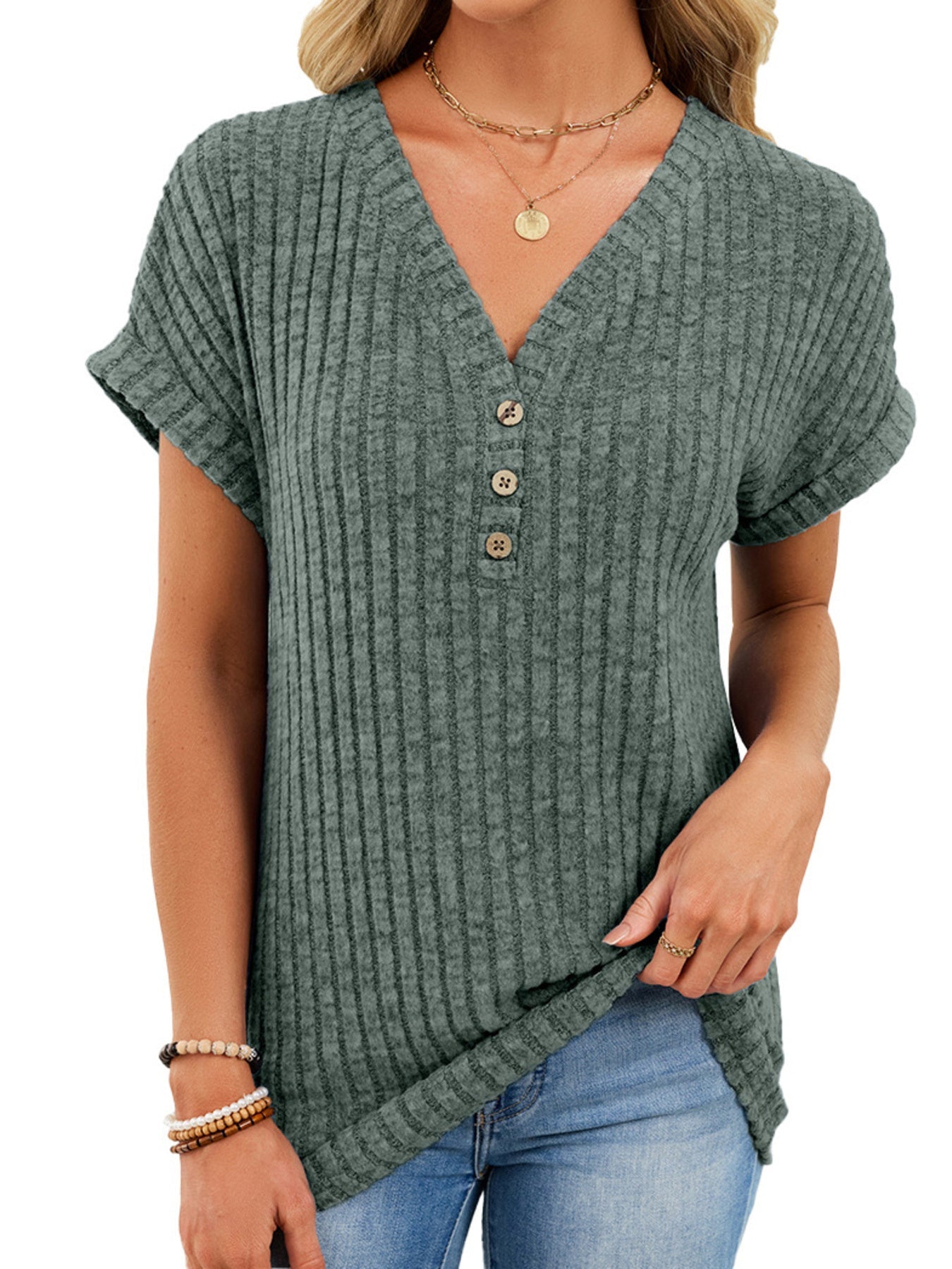 V Neck Ribbed Knit T Shirt