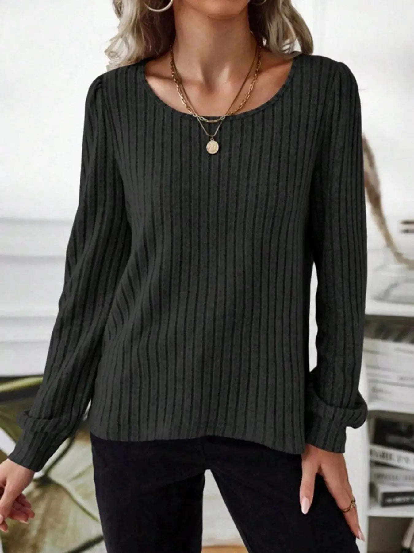 Ribbed Knit Long Sleeve T Shirt