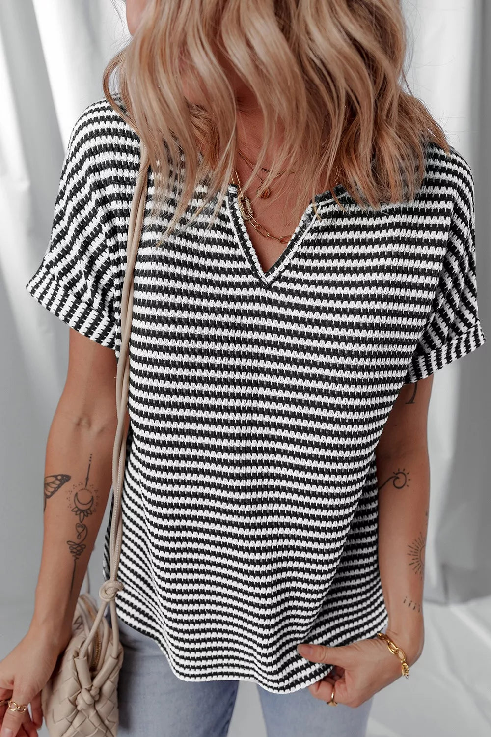 Stripe Textured Knit Notched Neck Cuffed Short Sleeve Shirt
