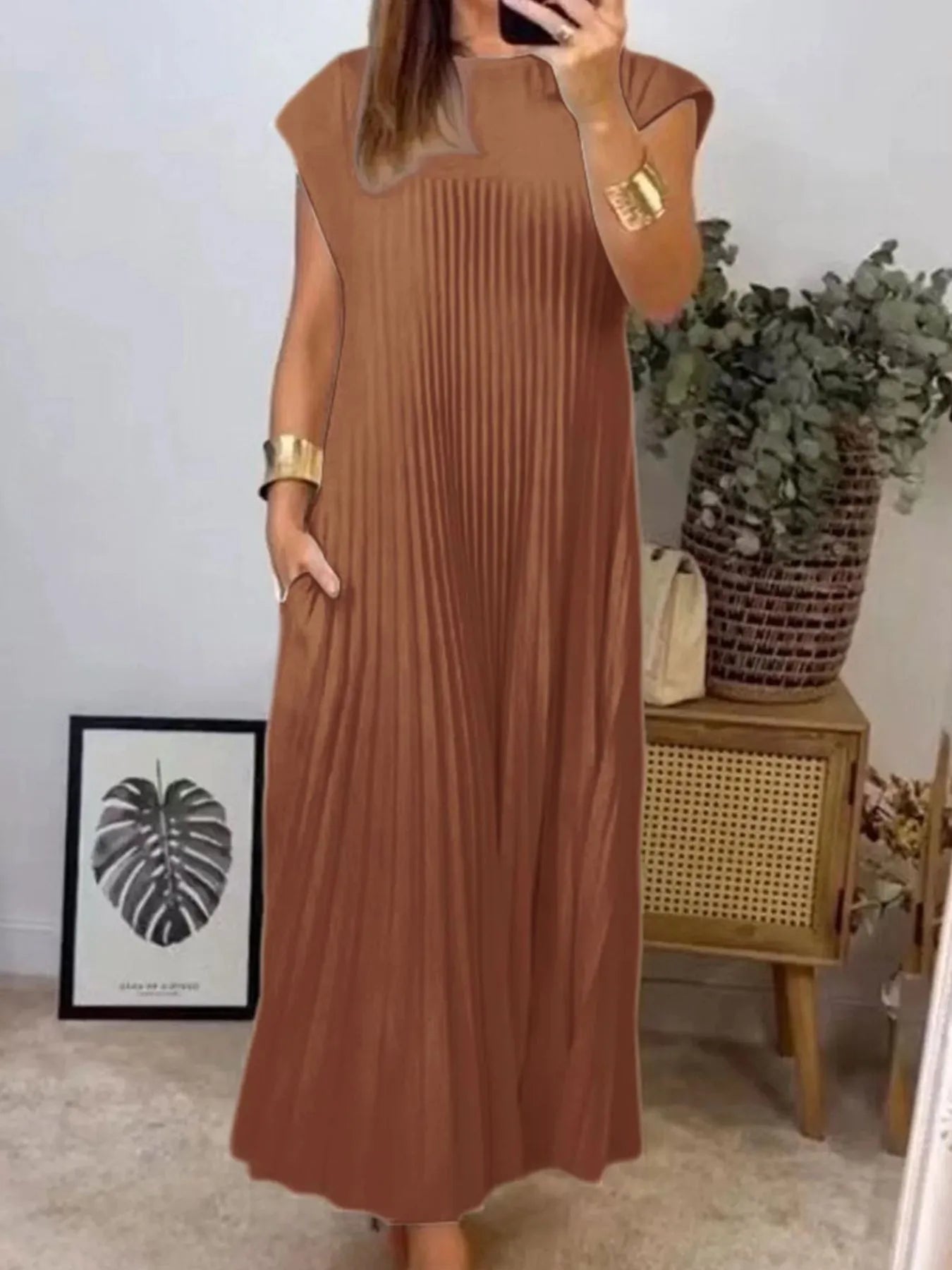 Pleated Round Neck Maxi Dress