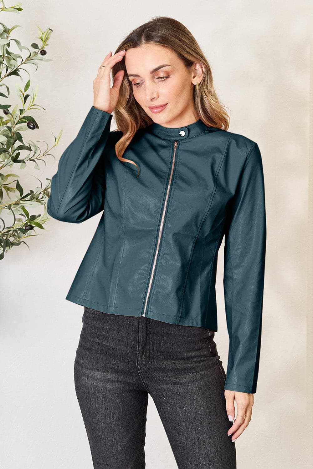 Trendsi Mock Neck Zip-Up Jacket Black