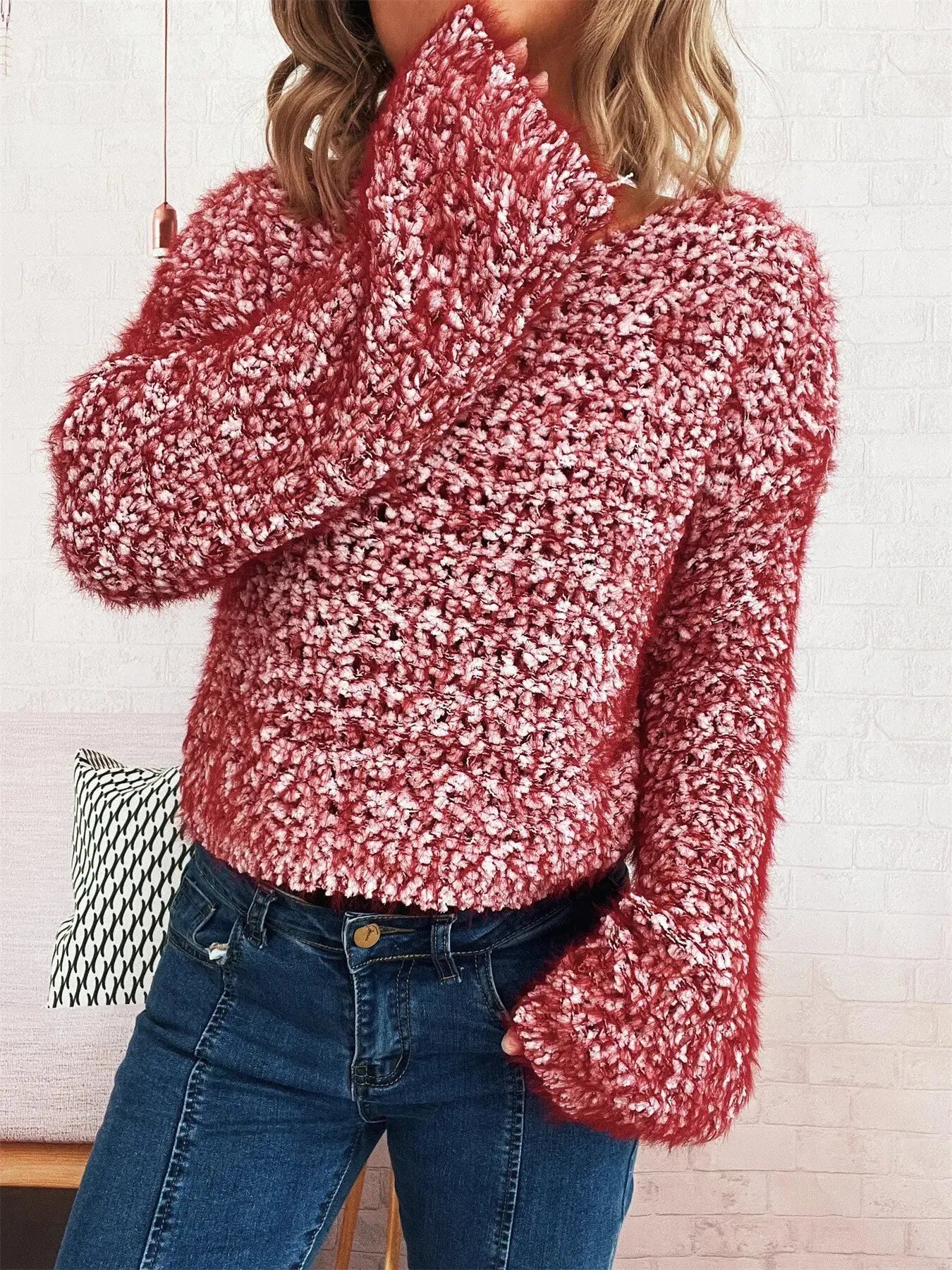 Crochet Dropped Shoulder Round Neck Sweater