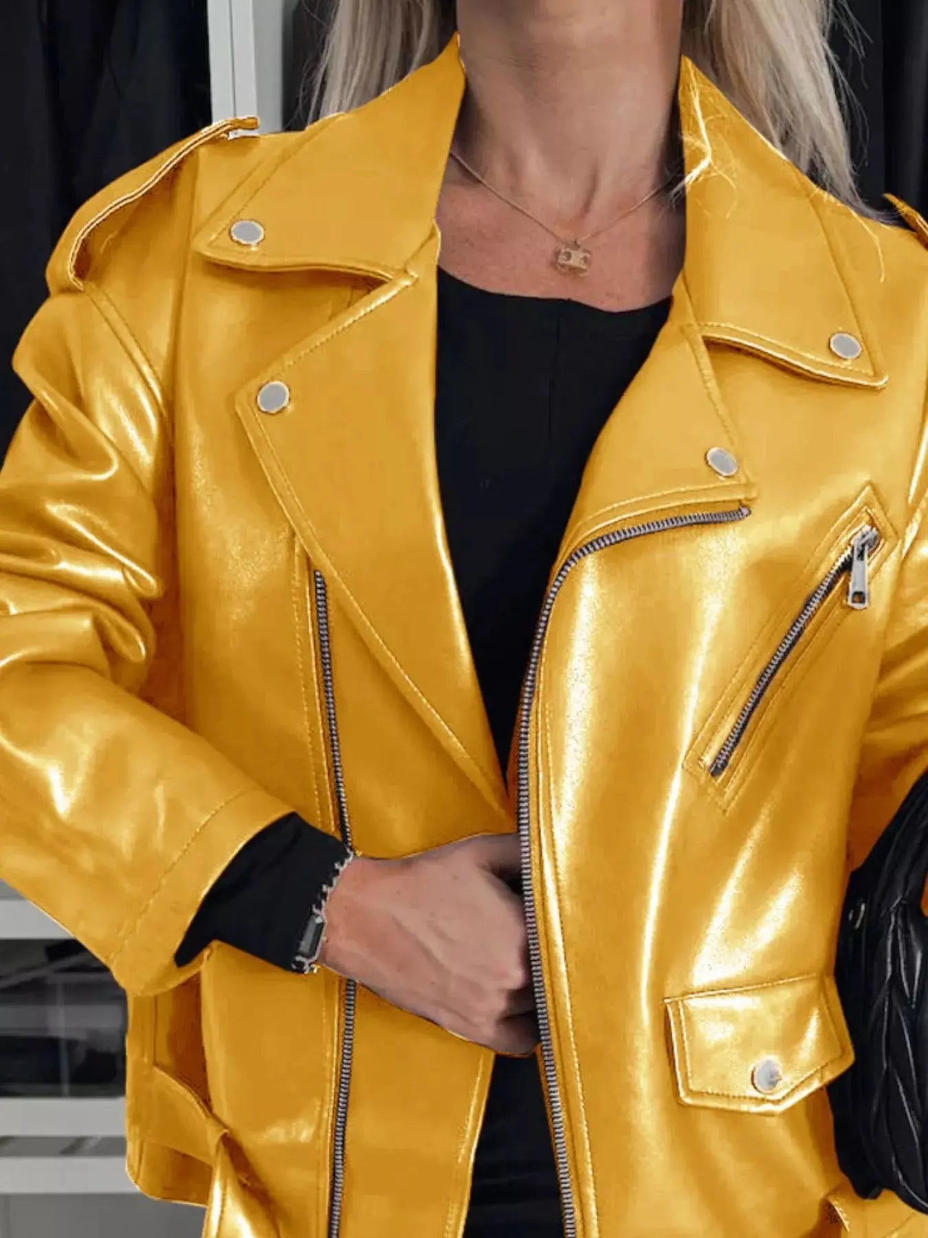 Plus Size Zip Up Long Sleeve Faux Leather Jacket
