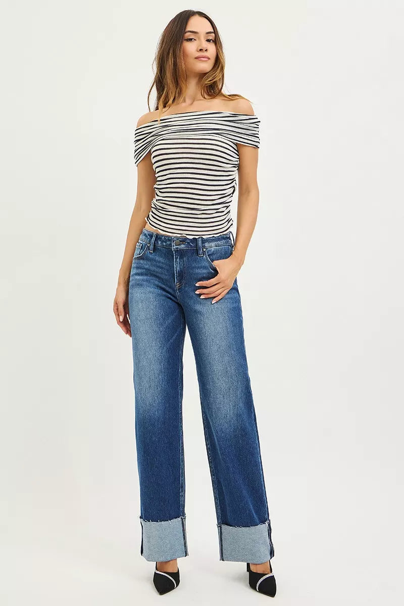 RISEN Jeans - Mid Rise Wide Straight Jeans With Wide Cuff