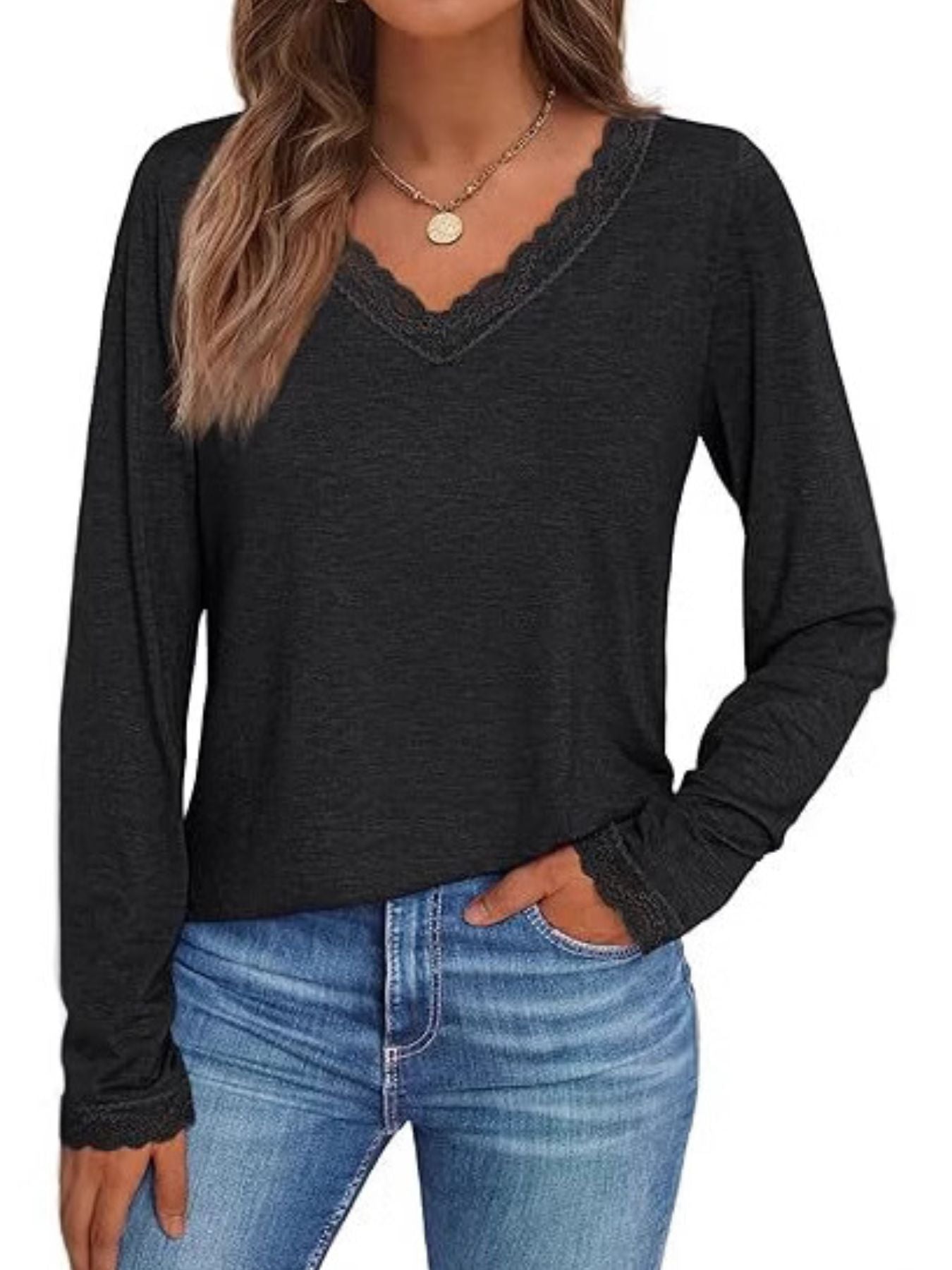 Women's Lace Trim V Neck Long Sleeve Top