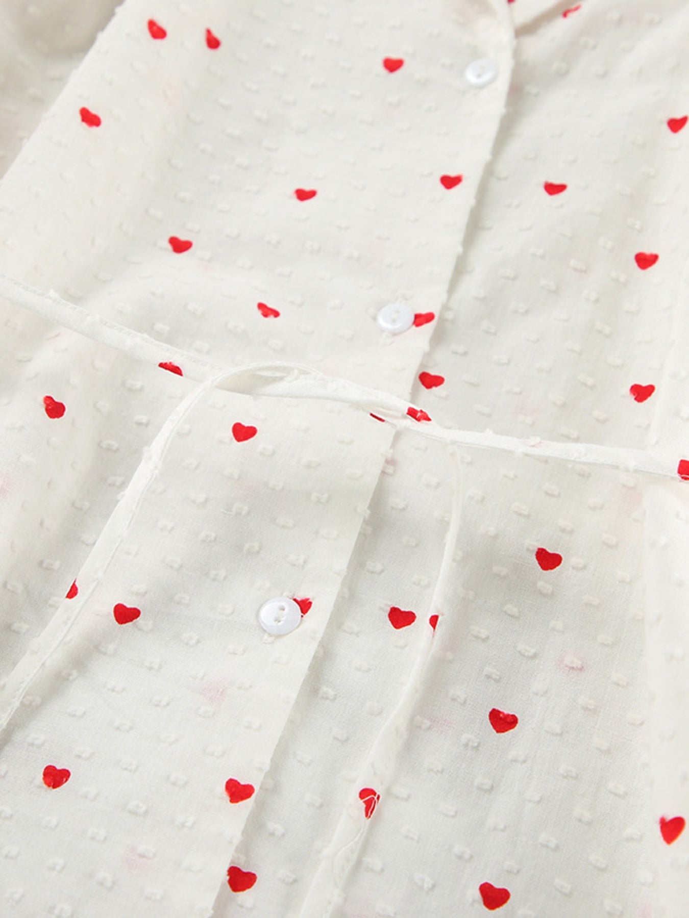 Heart Print Ruffle Trim Button-Up Cotton Lounge Set