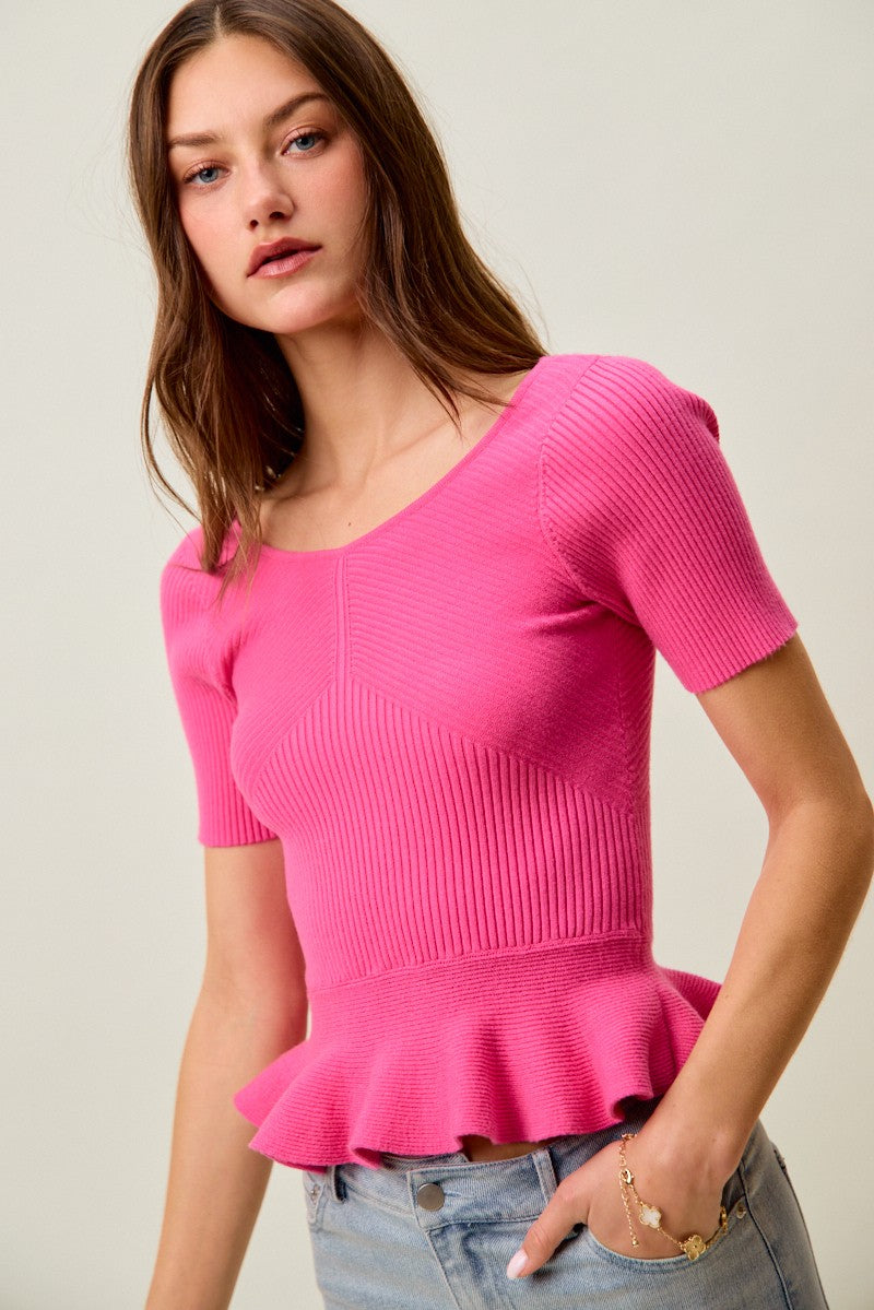Hot Pink Ribbed Knit Short Sleeves Peplum Sweater Top