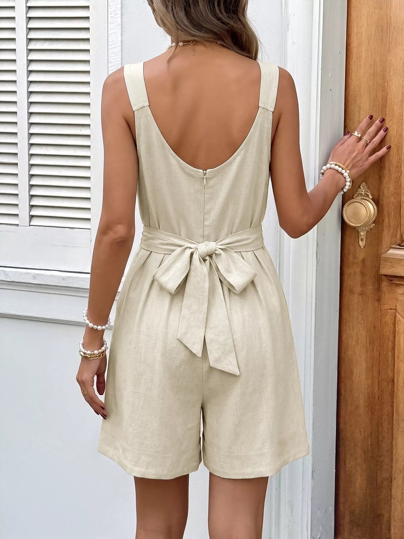 Bowknot Strap Pleated Detail Womens Romper