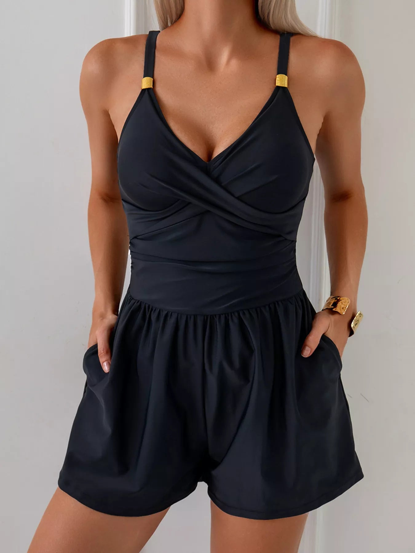 V Neck Spaghetti Strap One Piece Swimsuit