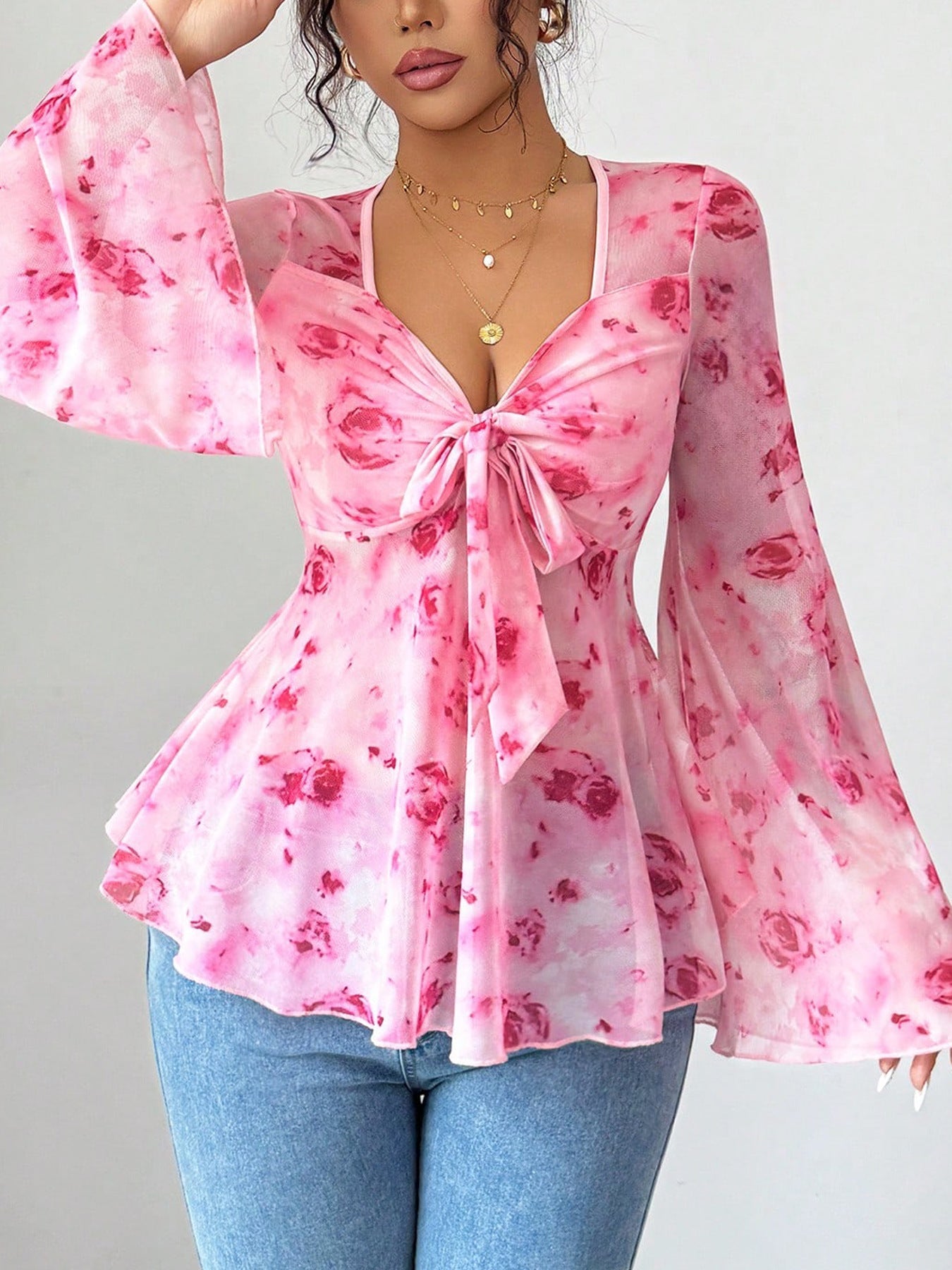 Floral Print Tie Front Chiffon Flare Sleeve Blouse