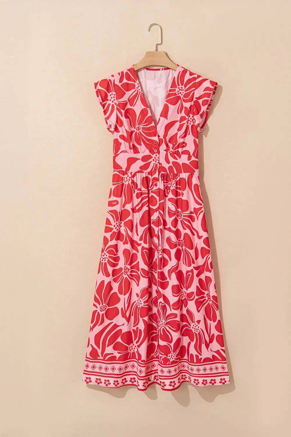 Floral Ruffled V Neck Midi Dress with Button Front