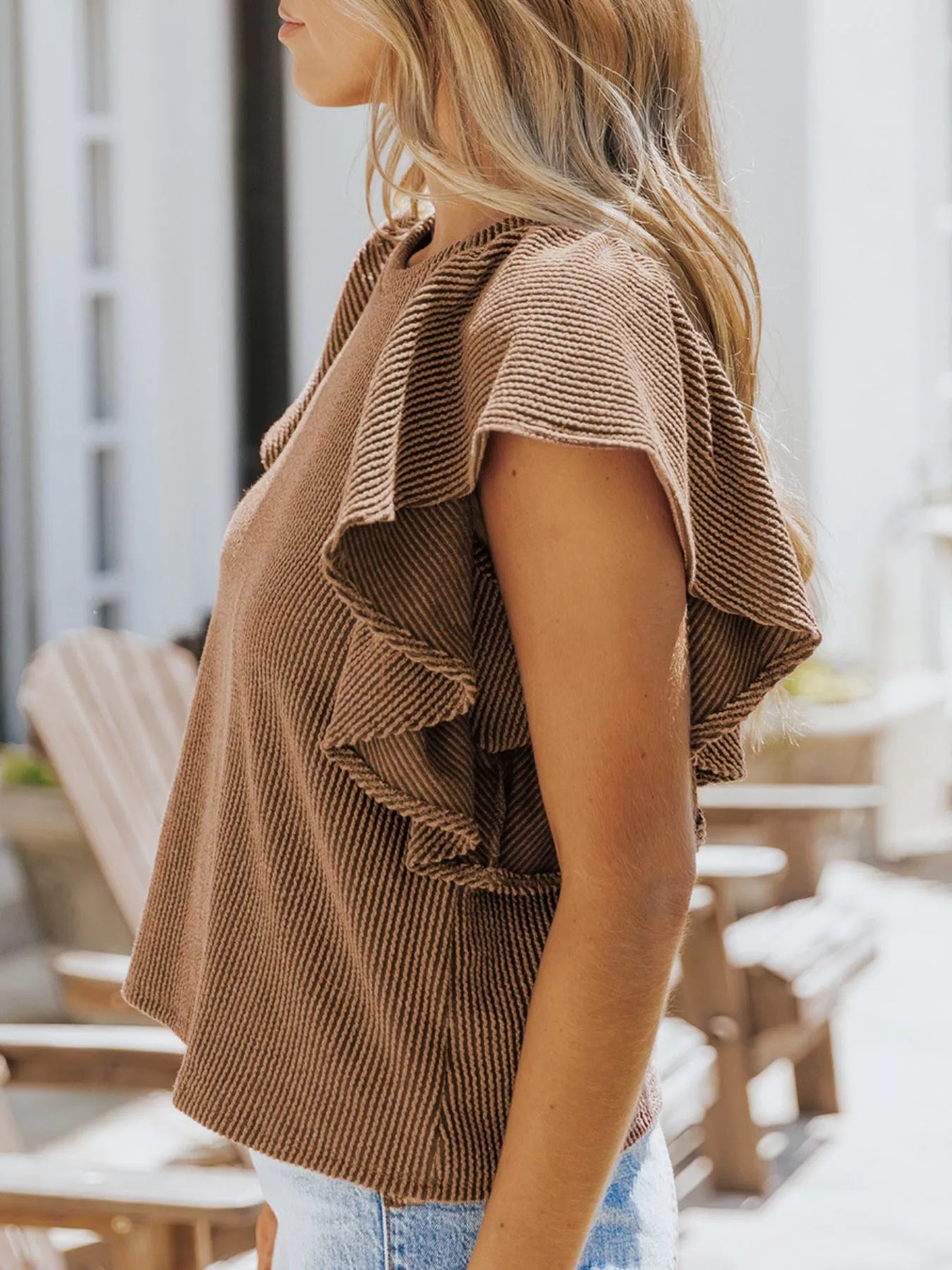 Full Size Ruffled Sleeve Ribbed Knit T Shirt