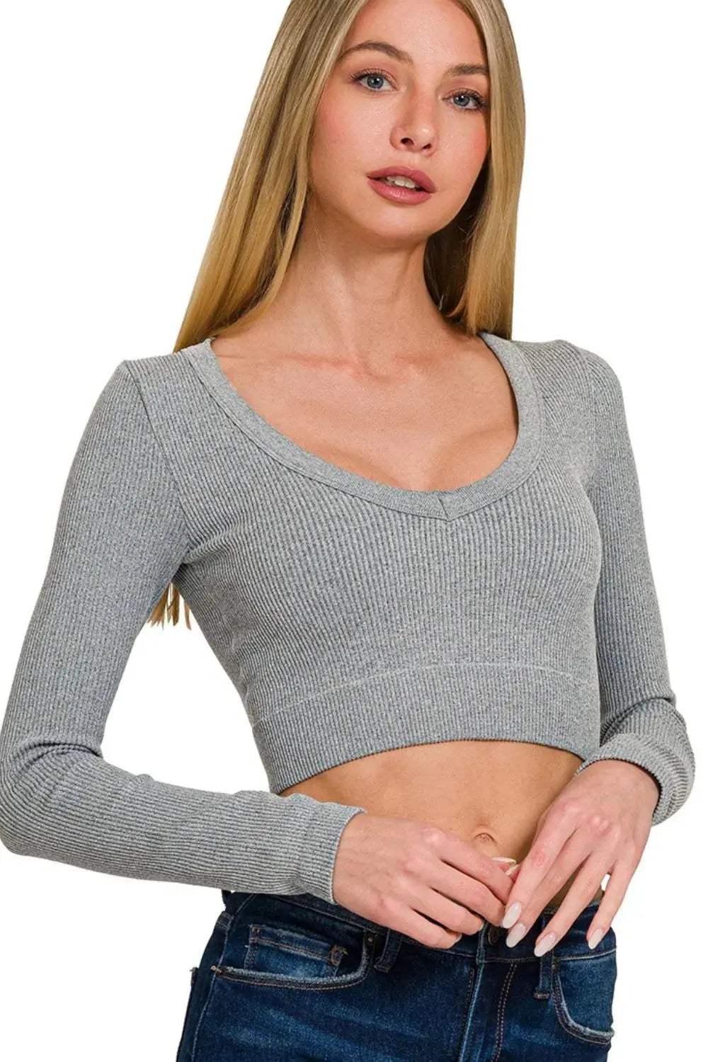 Trendsi Ribbed Crop Top V-Neck Long Sleeve | Fitted Tee