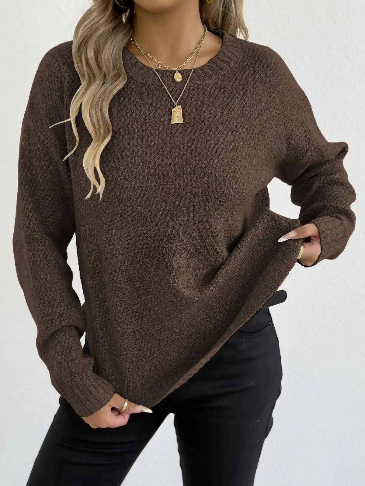 Round Neck Textured Knit Relaxed Fit Sweater
