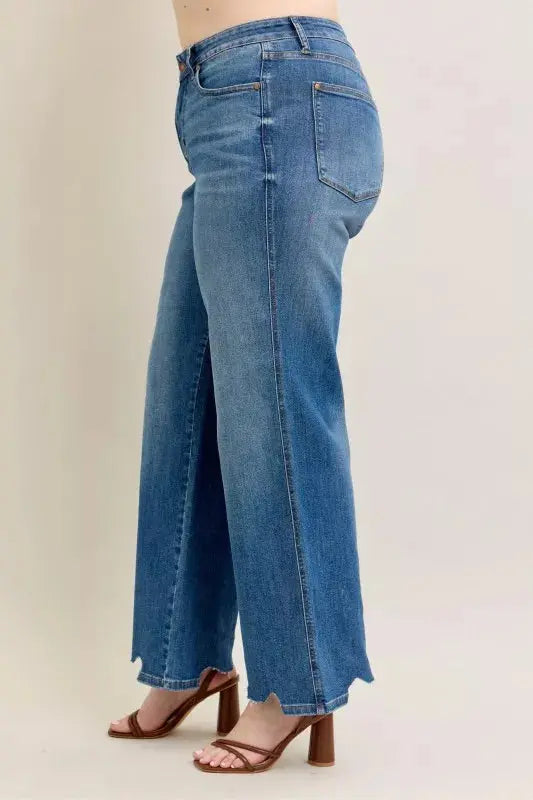 Judy Blue Full Size High Waist Tummy Control Destroy Wide Leg Jeans with Chew Hem