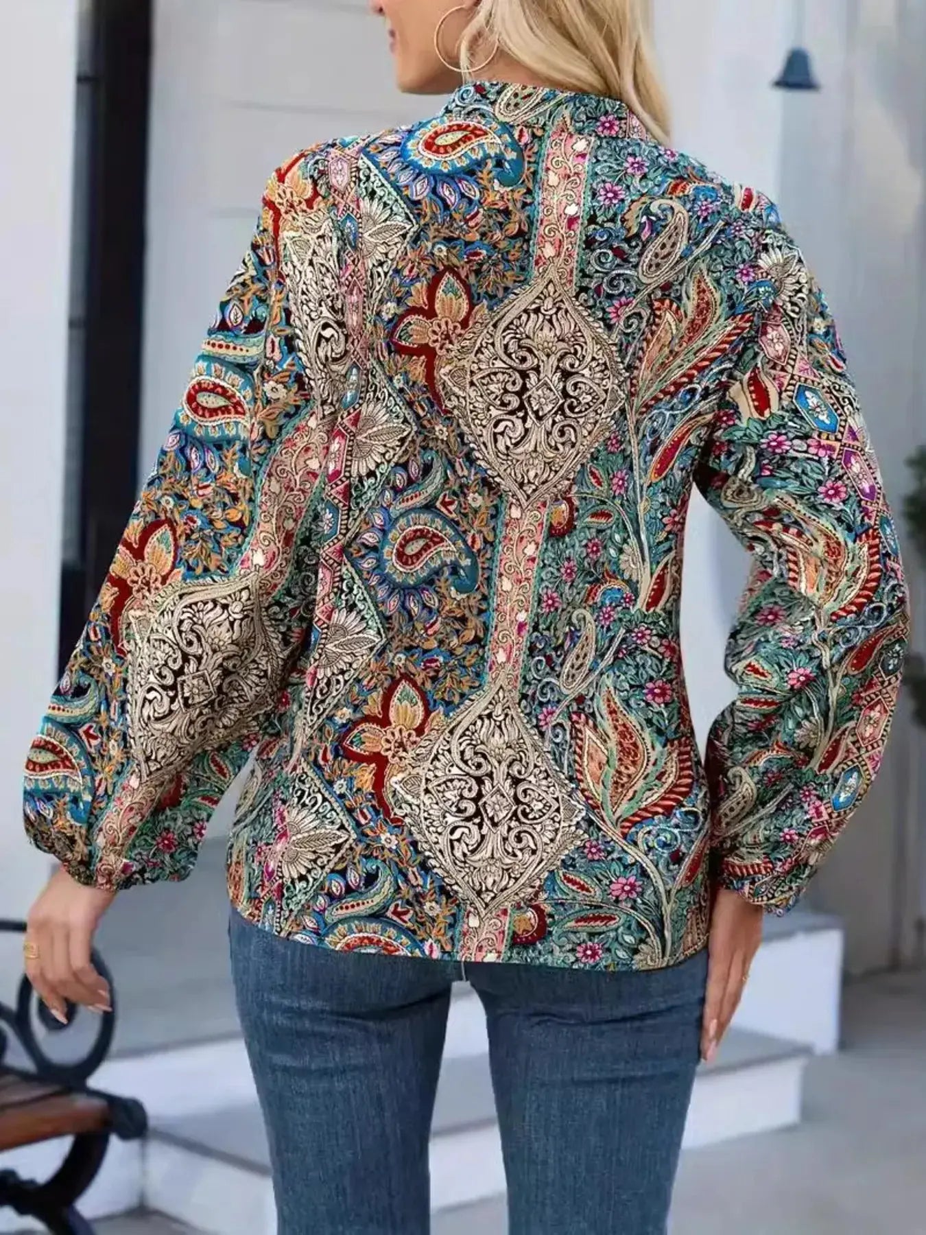Printed Notched Balloon Sleeve Blouse