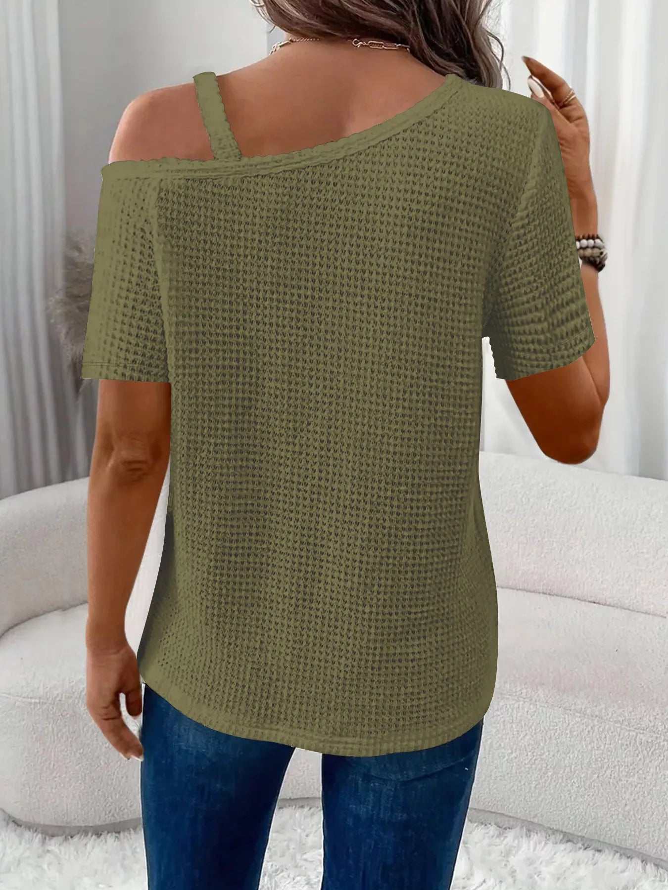 Chain Detail Waffle Knit One Shoulder T Shirt