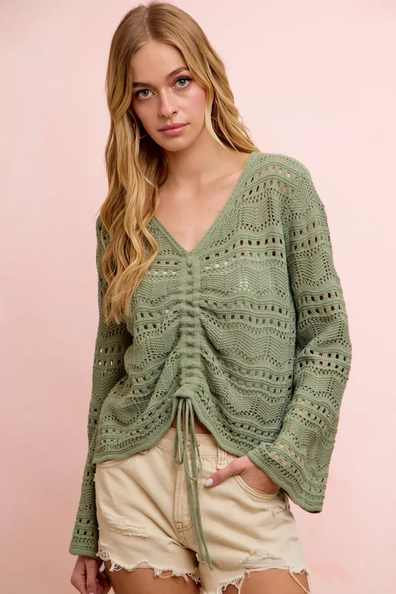 Green Pointelle Knit V Neck Ruched Front Lightweight Top