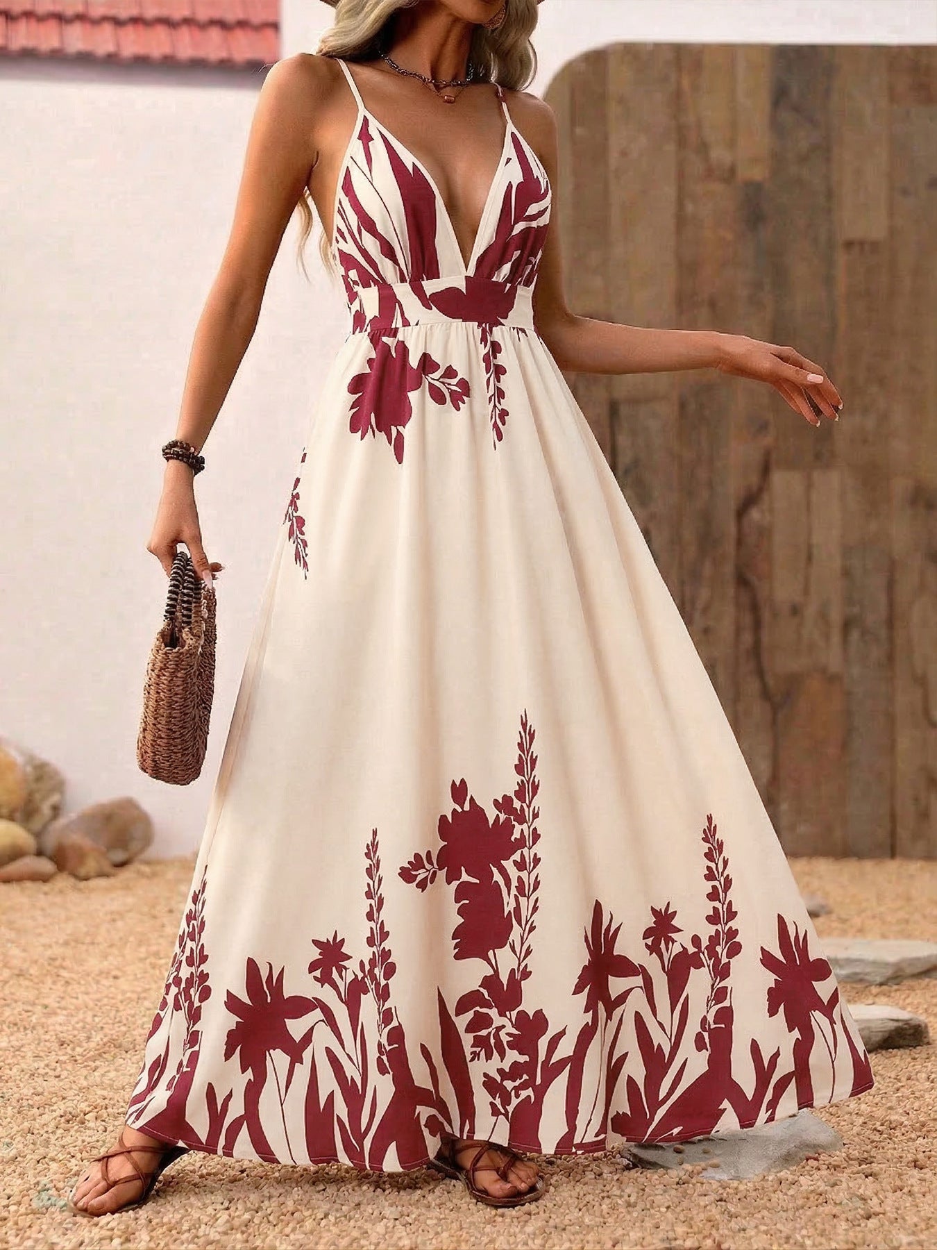 Deep V Neck Spaghetti Strap Maxi Dress