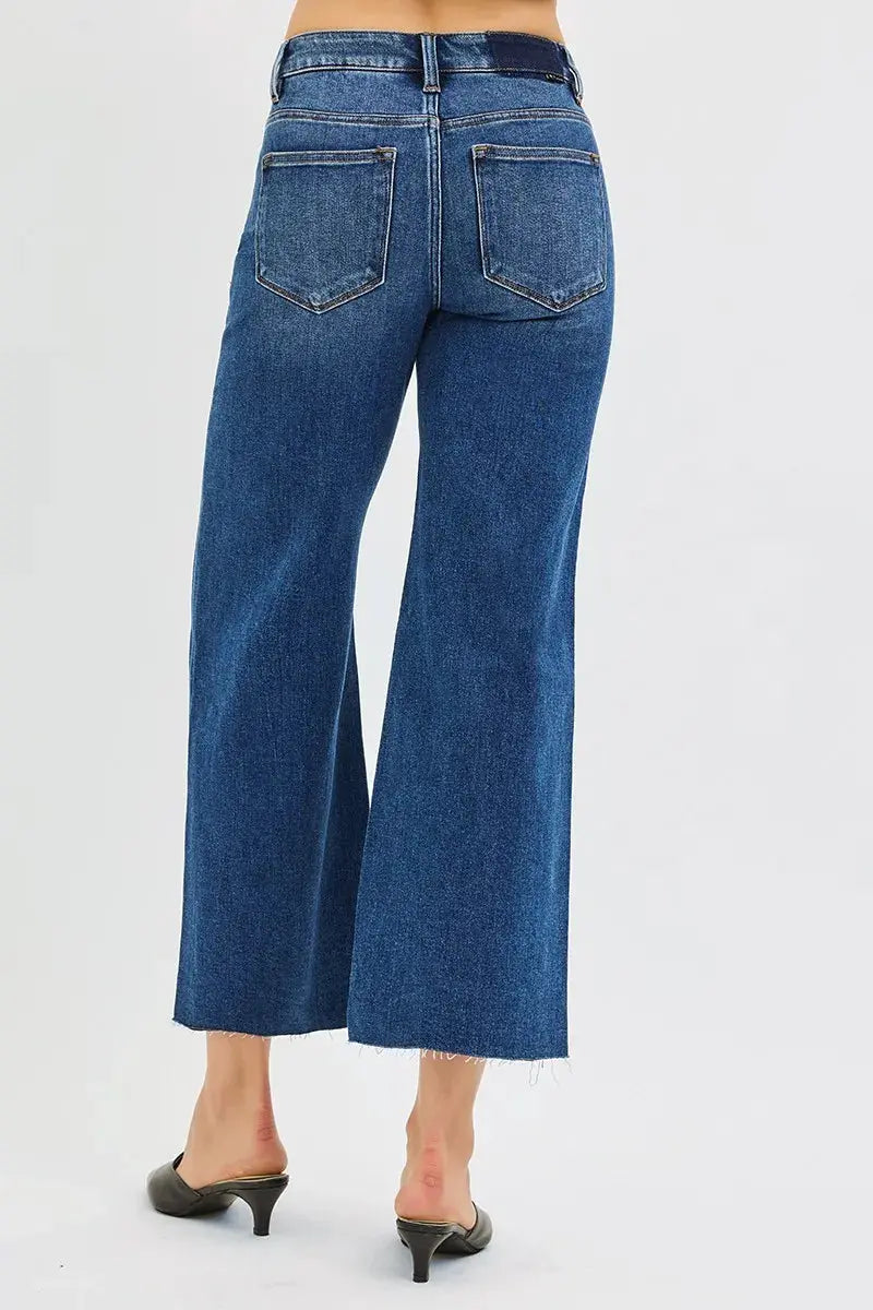 RISEN Jeans - Plus Size Mid Rise Crop Wide Raw Cut Hem Jeans