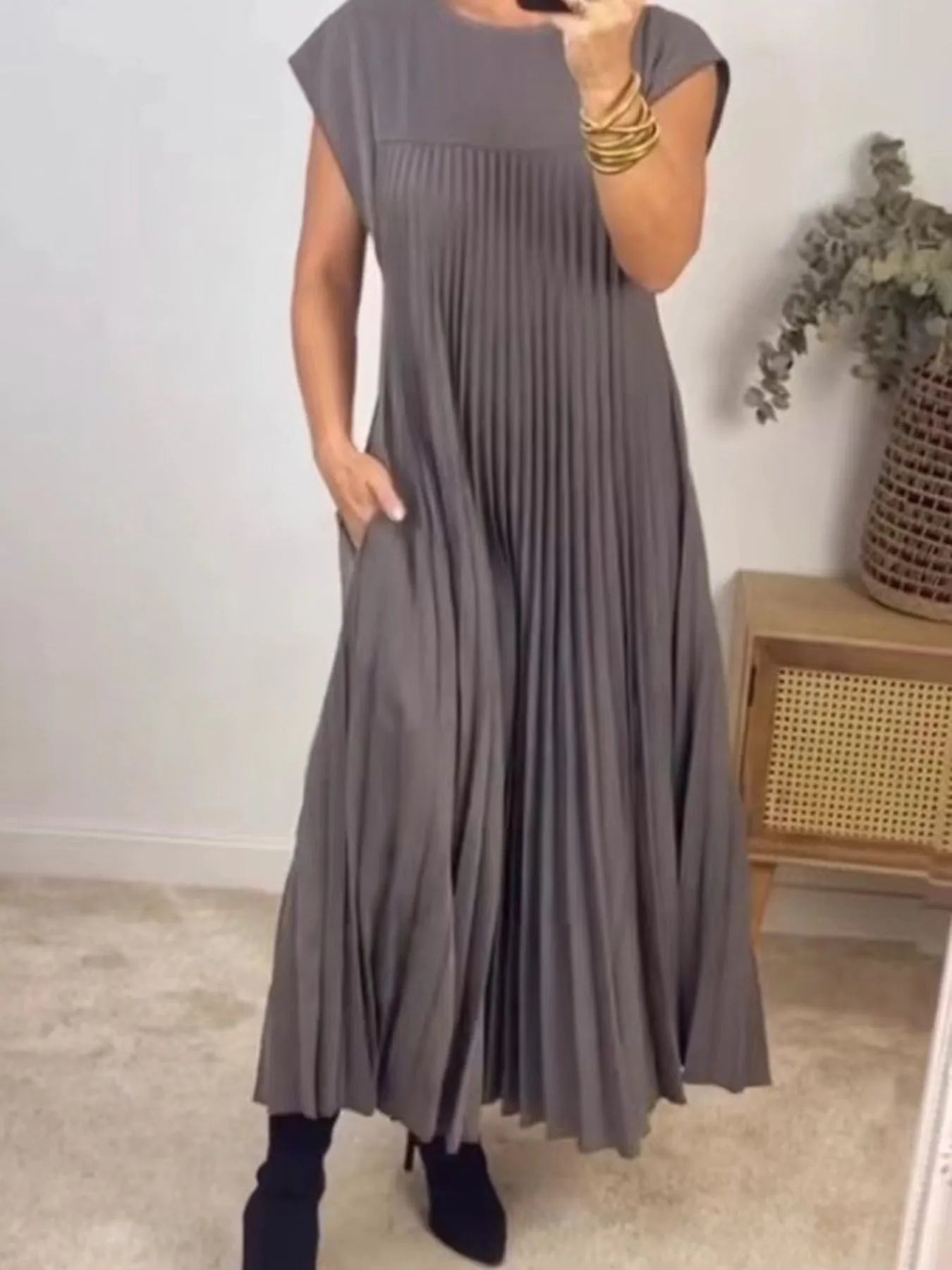 Pleated Round Neck Maxi Dress