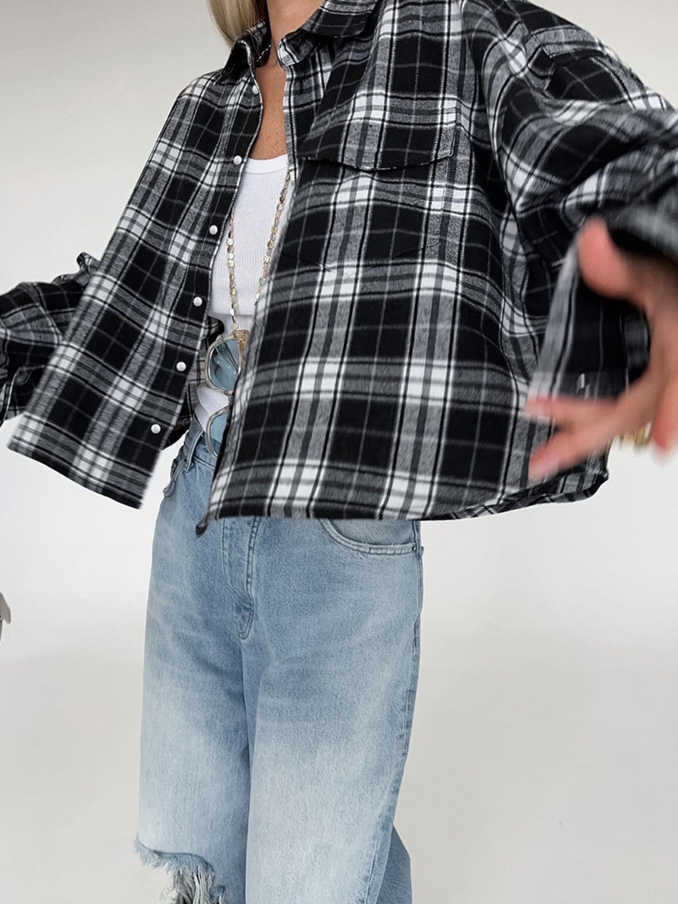 Black Oversized Plaid Button Up Shirt