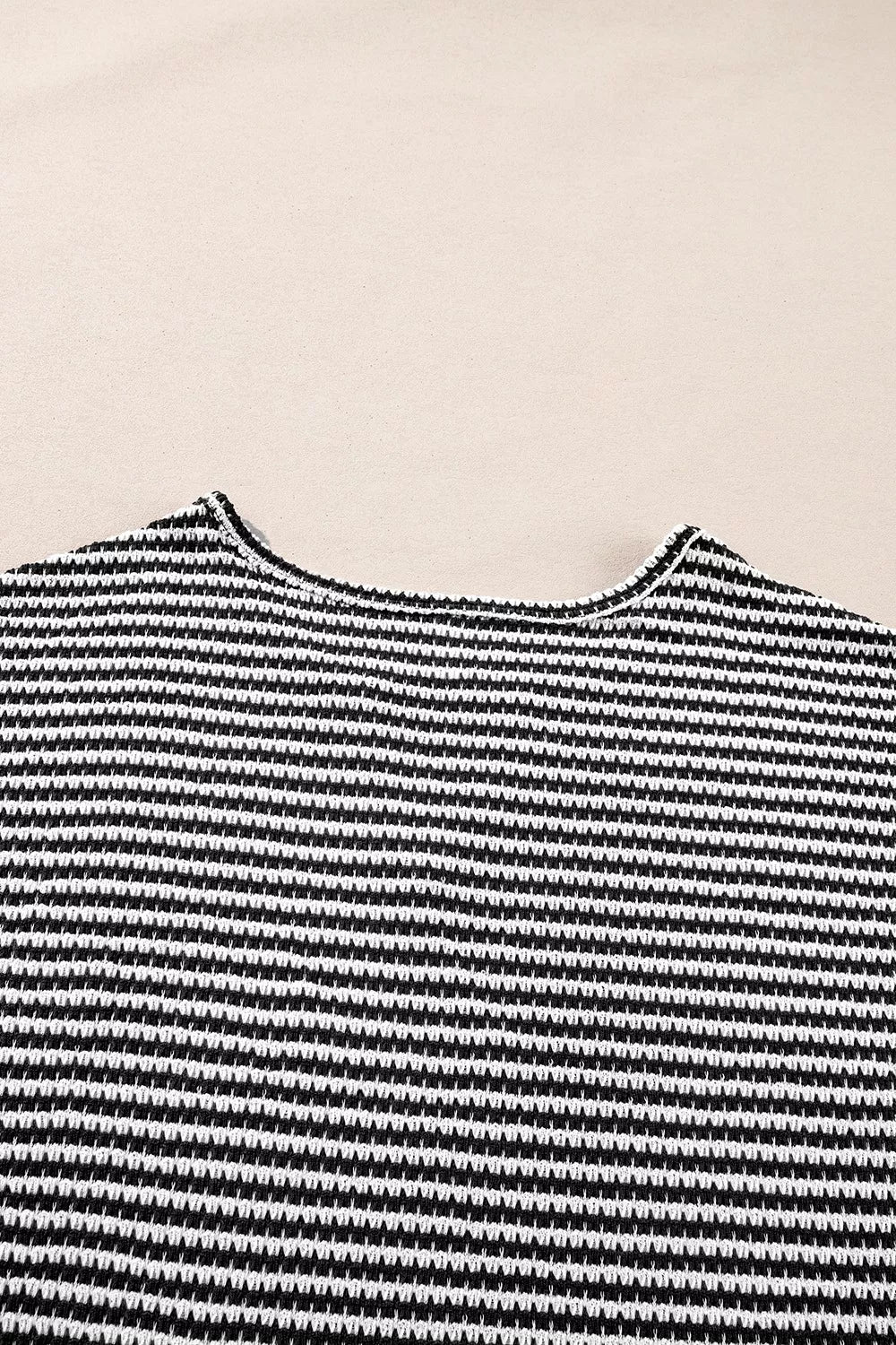 Stripe Textured Knit Notched Neck Cuffed Short Sleeve Shirt