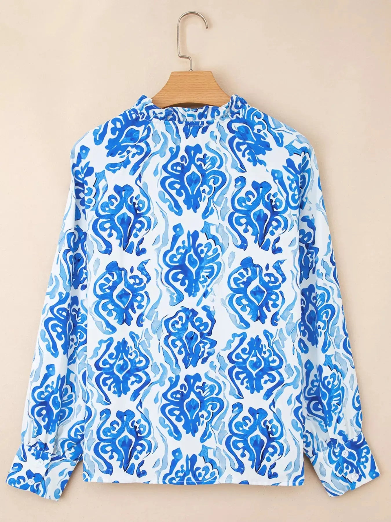 Printed Tie Split Neck Button Front Puff Sleeve Top