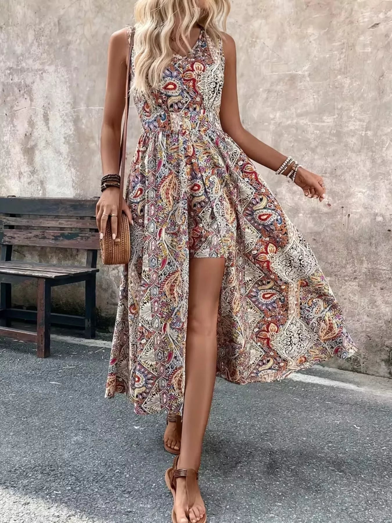 Paisley Print Sleeveless Romper with Long Top