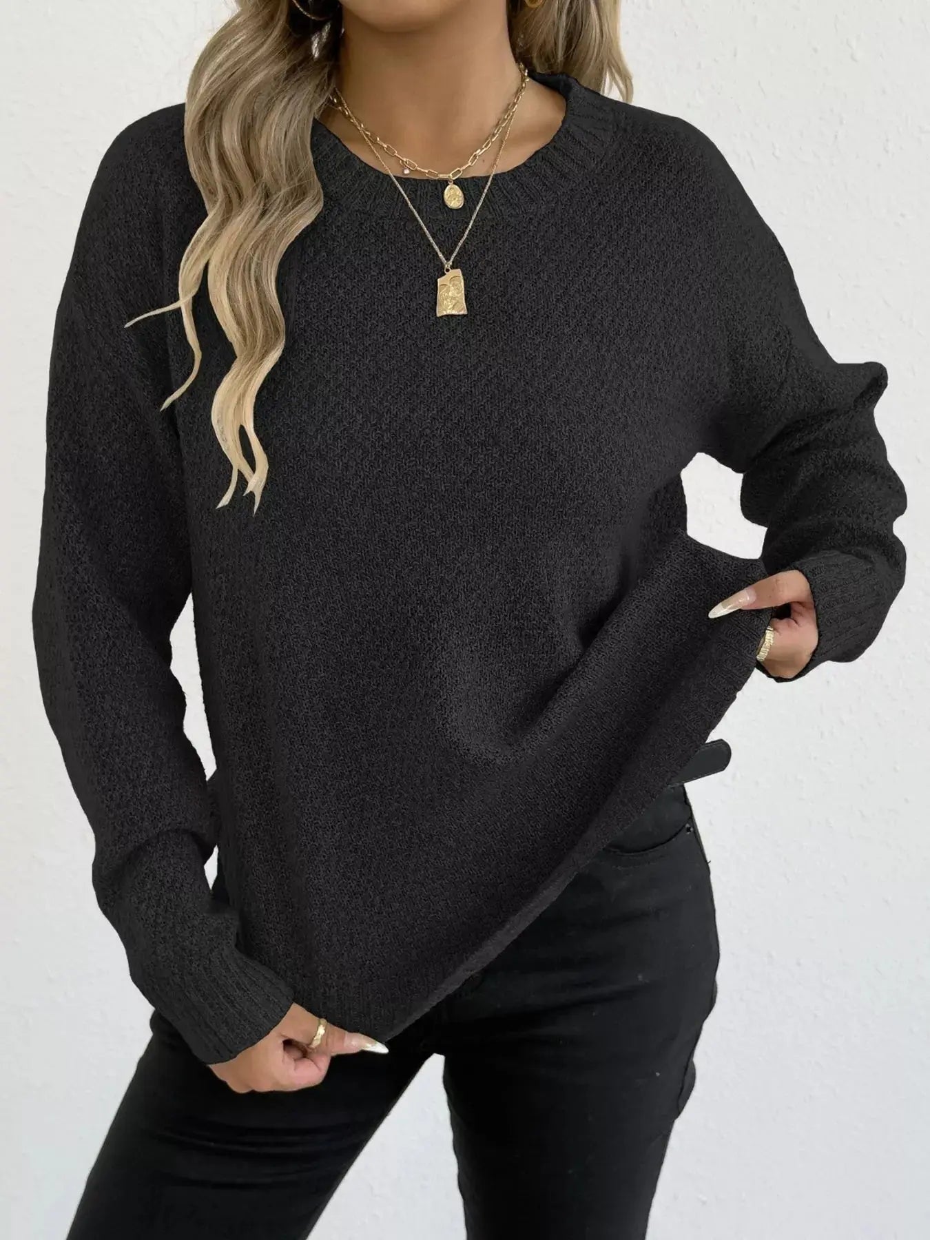 Round Neck Textured Knit Relaxed Fit Sweater