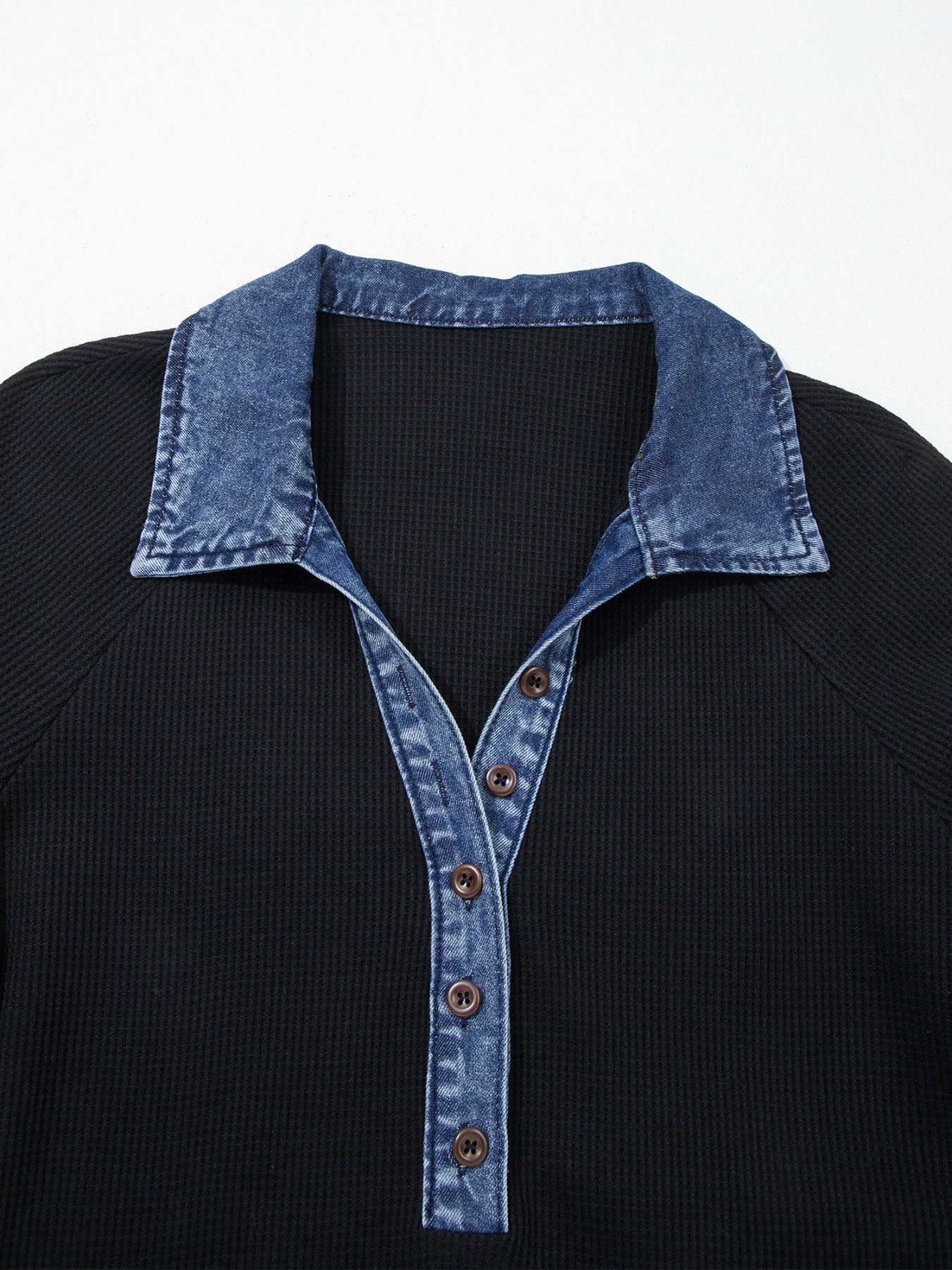 Women's Button Detail Collared Denim Trim Top