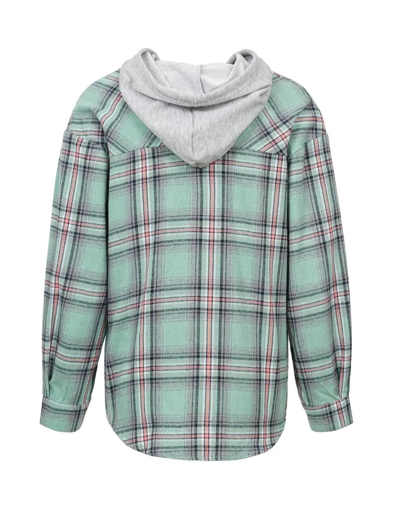 Plaid Button-Up Oversized Hooded Shirt with Chest Pocket