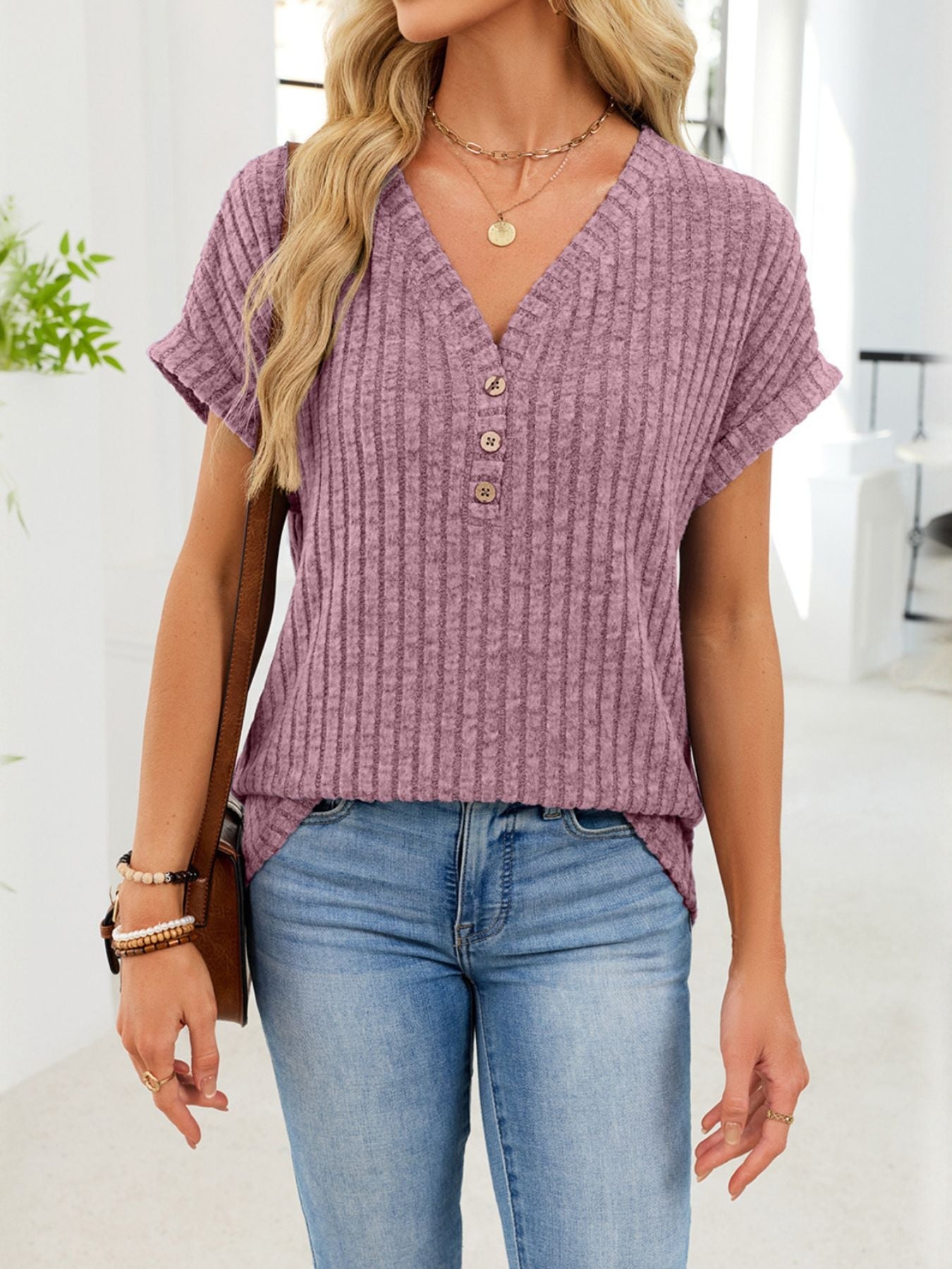 V Neck Ribbed Knit T Shirt