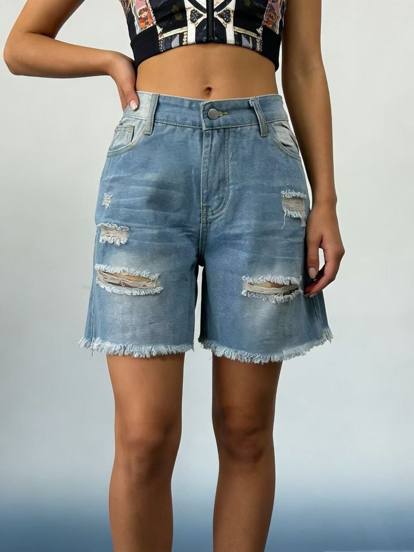 Plus Size Distressed Frayed Hem Denim Shorts