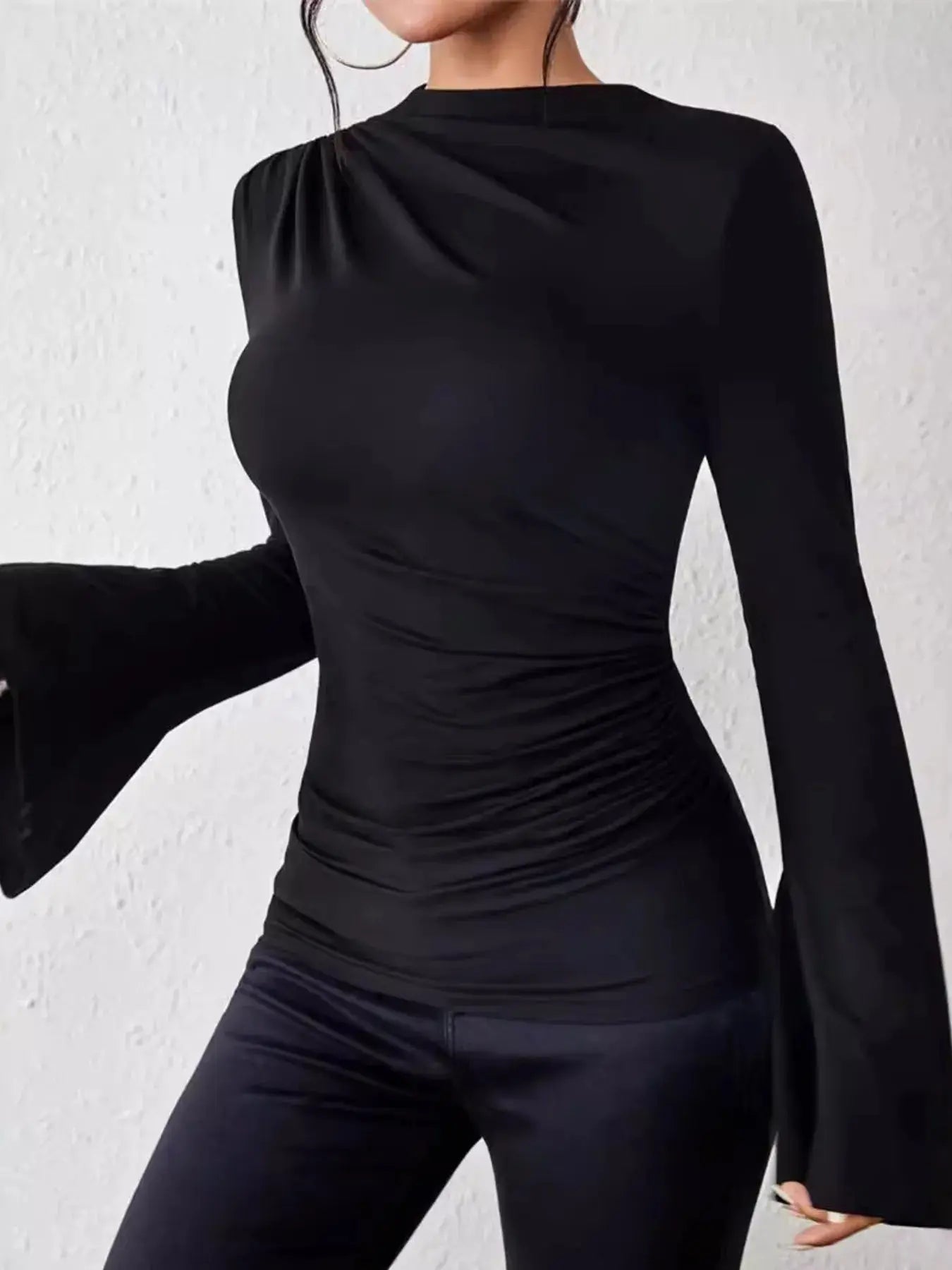 Bell Sleeve Fitted Ruched T Shirt with Mock Neck