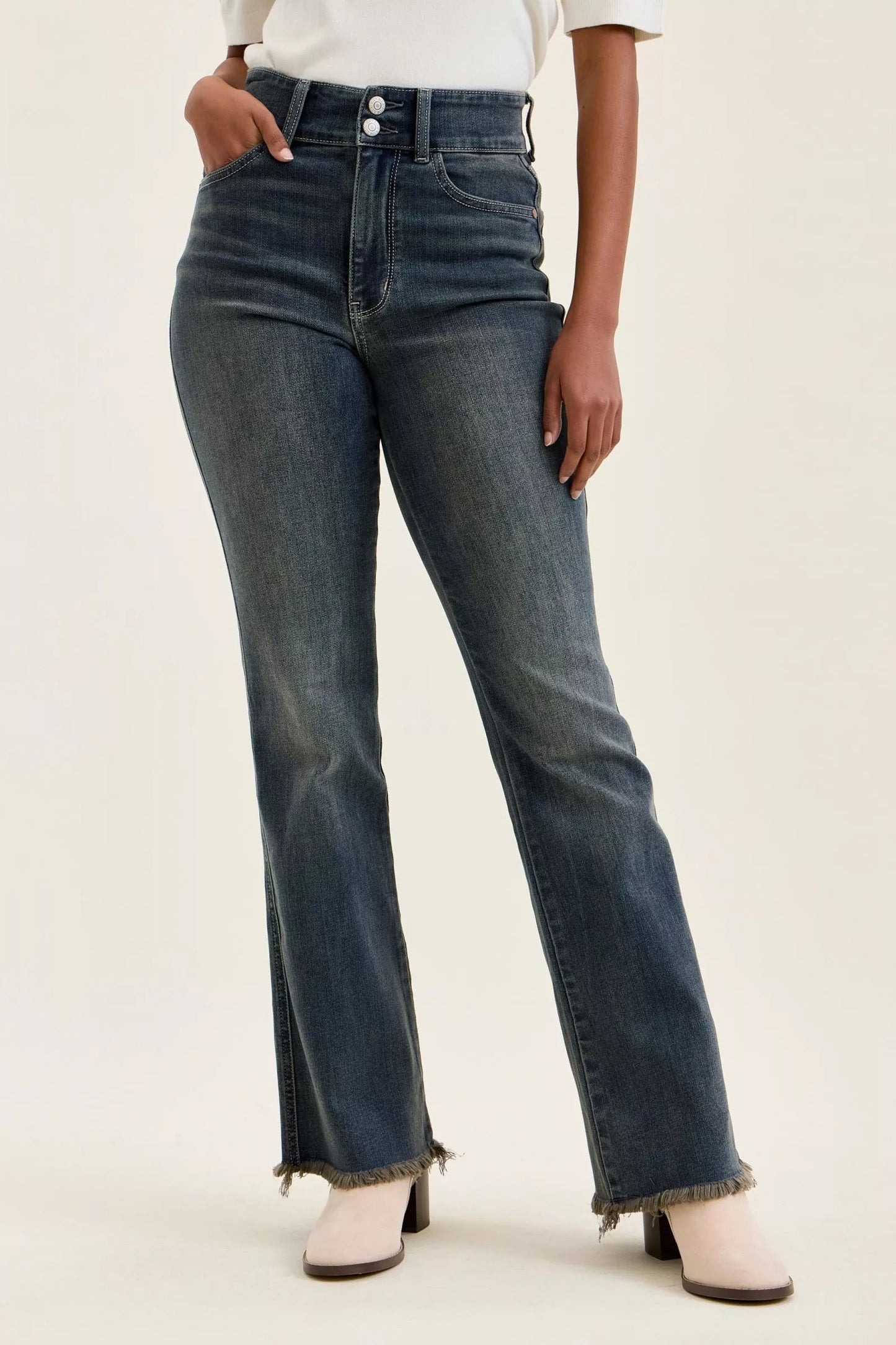 Judy Blue Double Button High Waist Frayed Hem Jeans