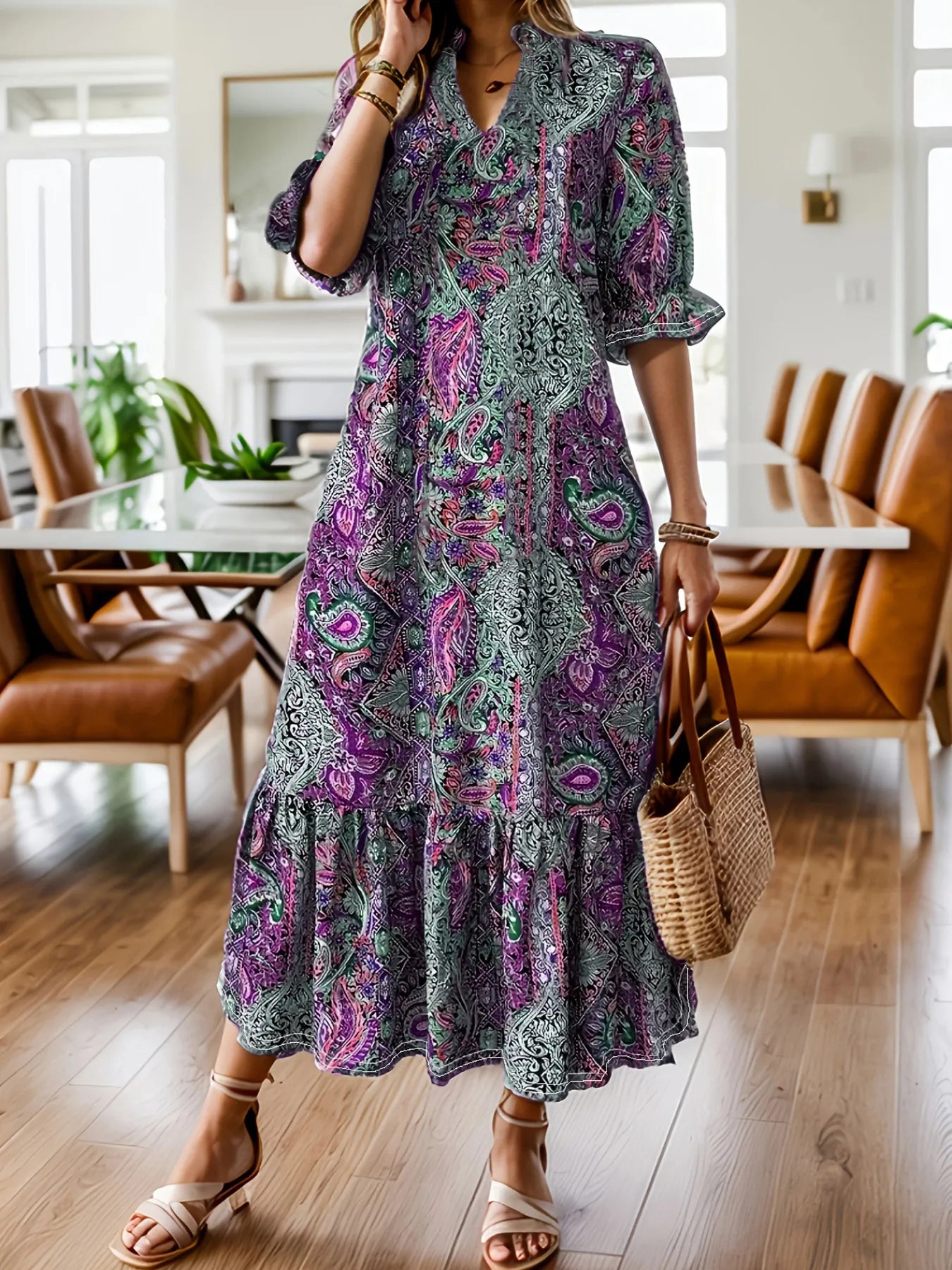 Bohemian Paisley Print Ruffle Hem Midi Dress